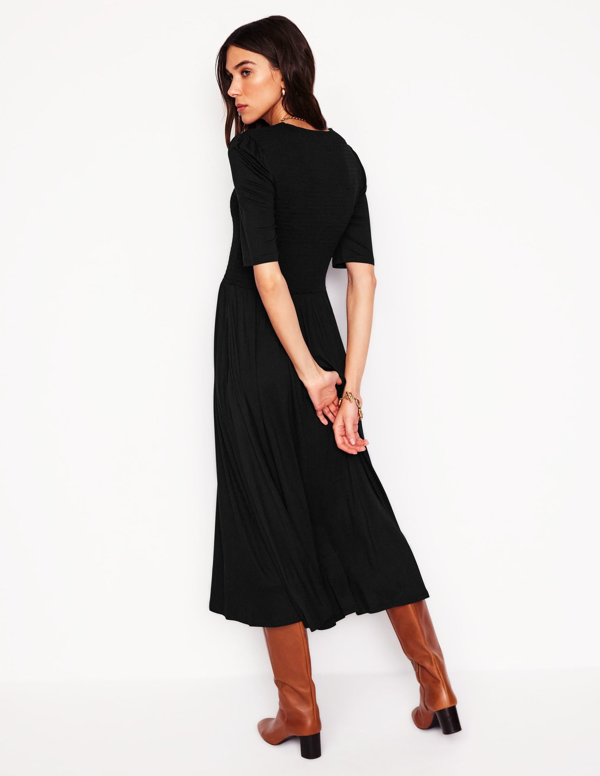 Bethany Smocked Jersey Dress-Black-3