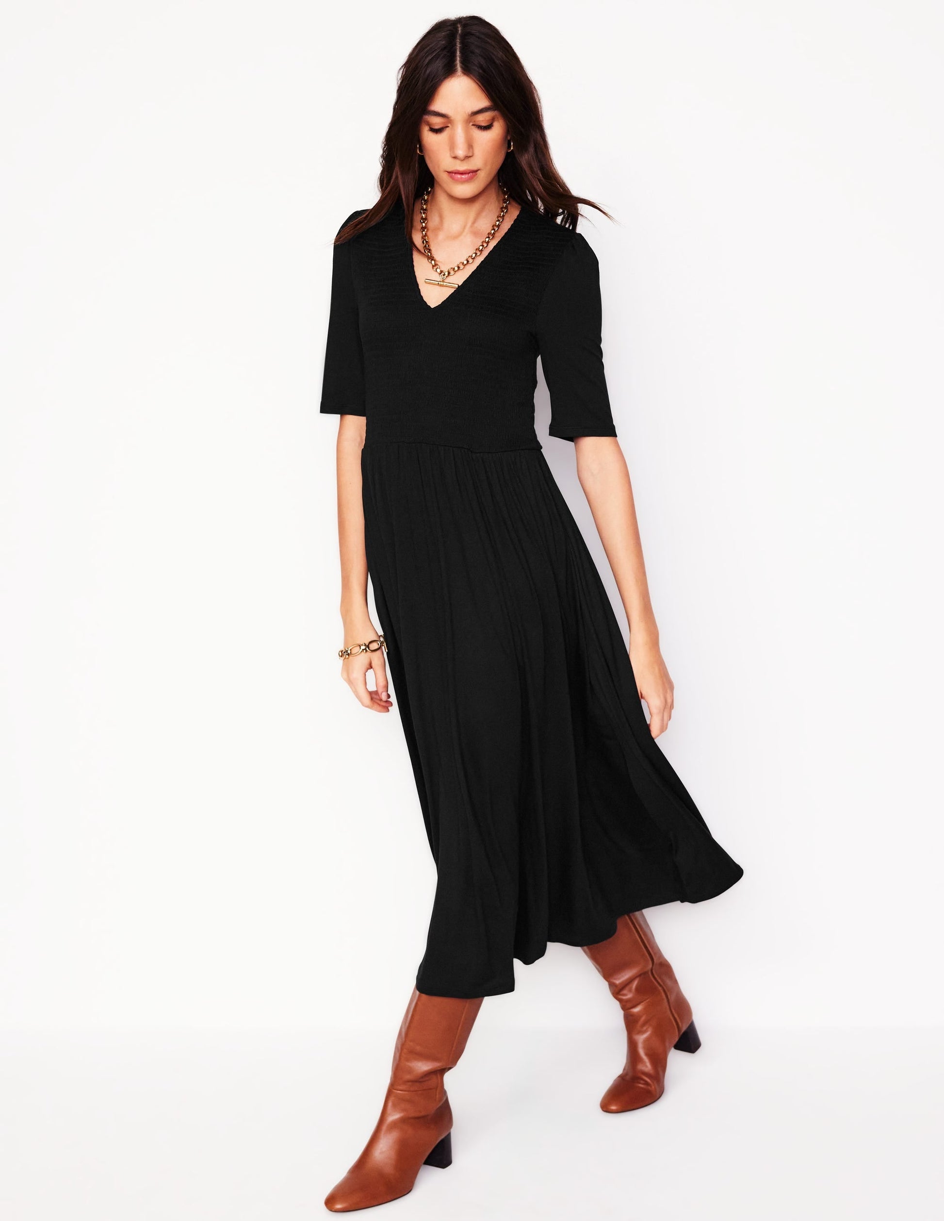 Bethany Smocked Jersey Dress-Black-4