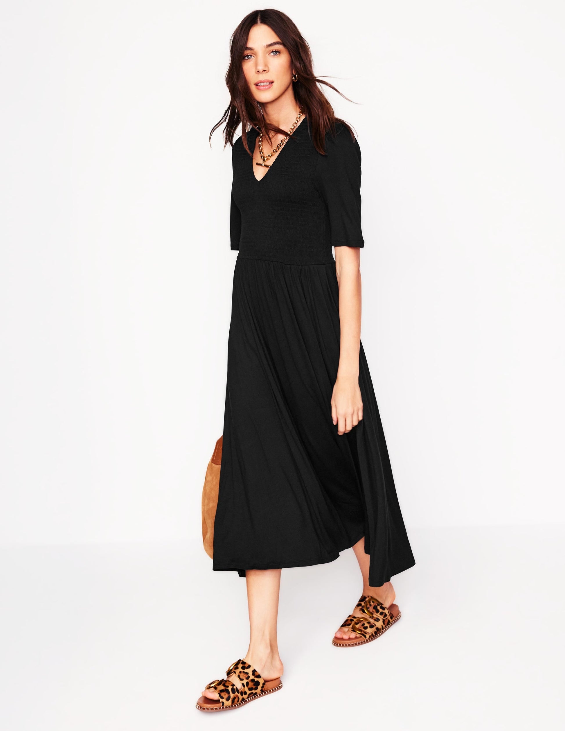 Bethany Smocked Jersey Dress-Black-5