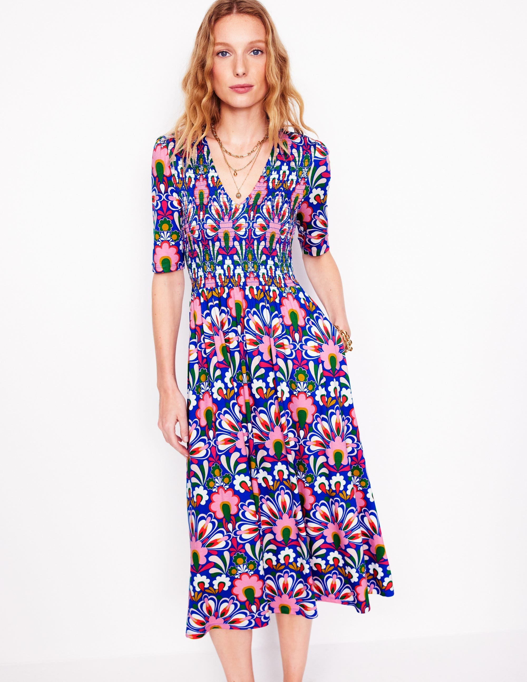 Bethany Smocked Jersey Dress-Gallery Blue, Dandelion - Image 2