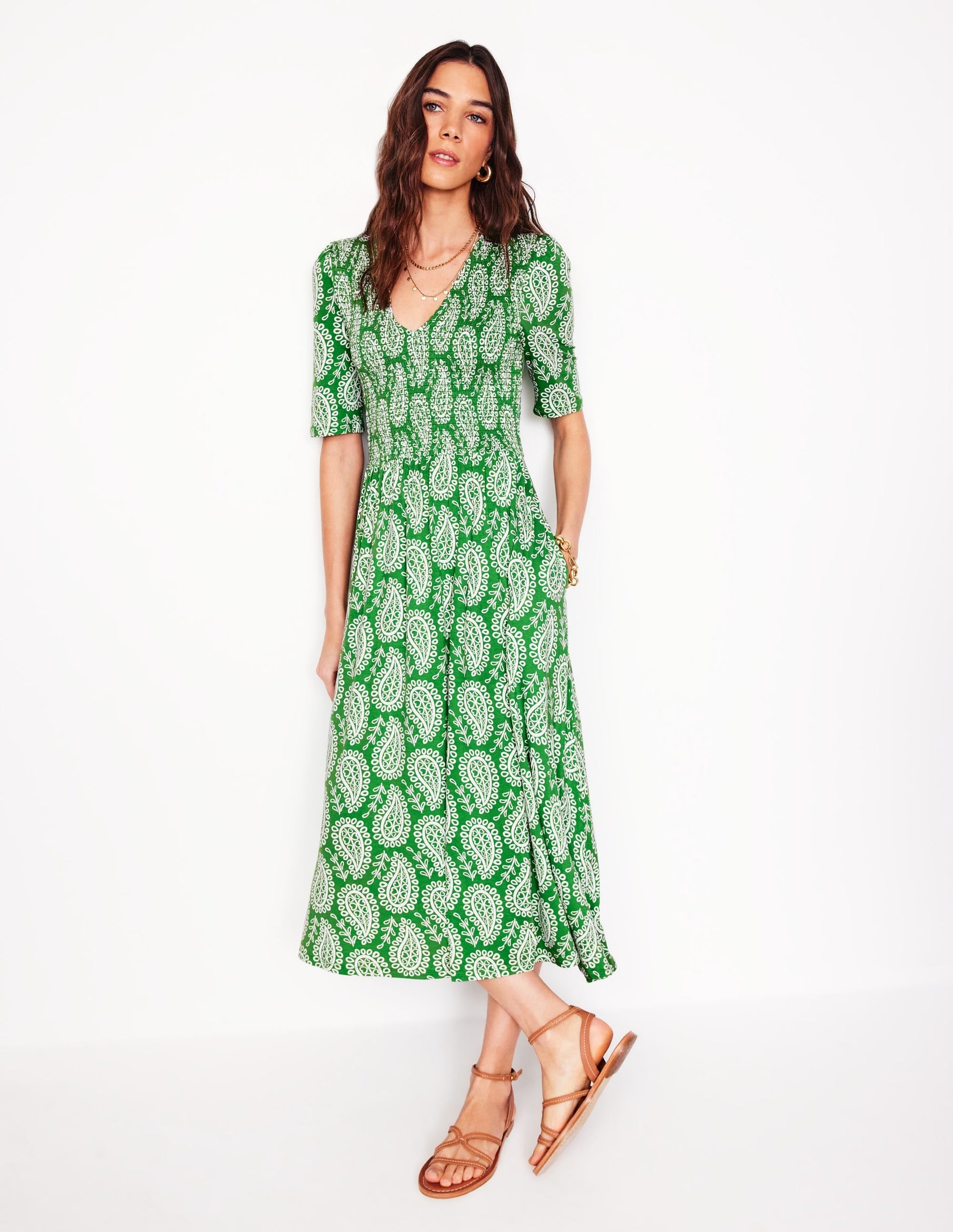Bethany Smocked Jersey Dress-Paradise Green, Paisley Heart-1
