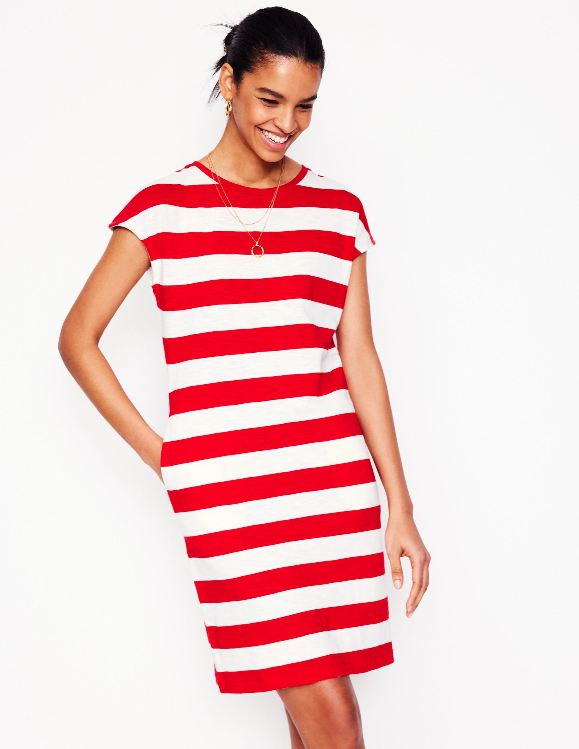 Leah Jersey T-shirt Dress-Poppy Red, White Stripe-1