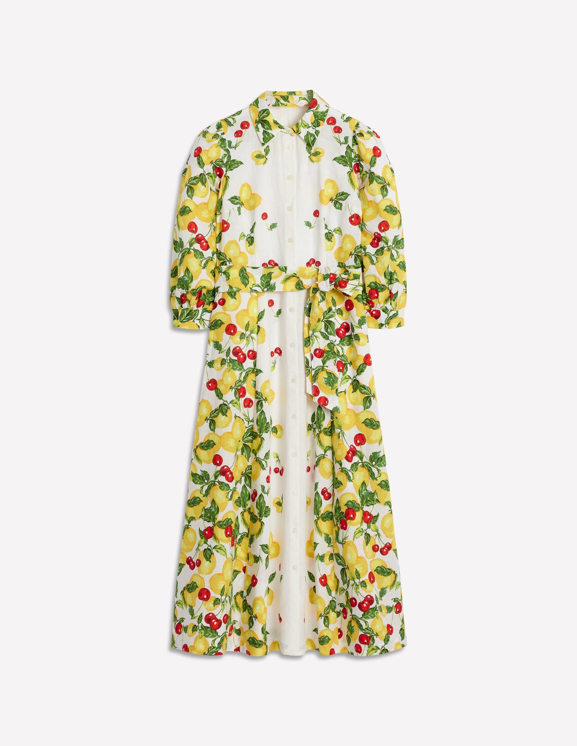 Clara Linen Blend Shirt Dress-Ivory, Cherries and Lemons-8