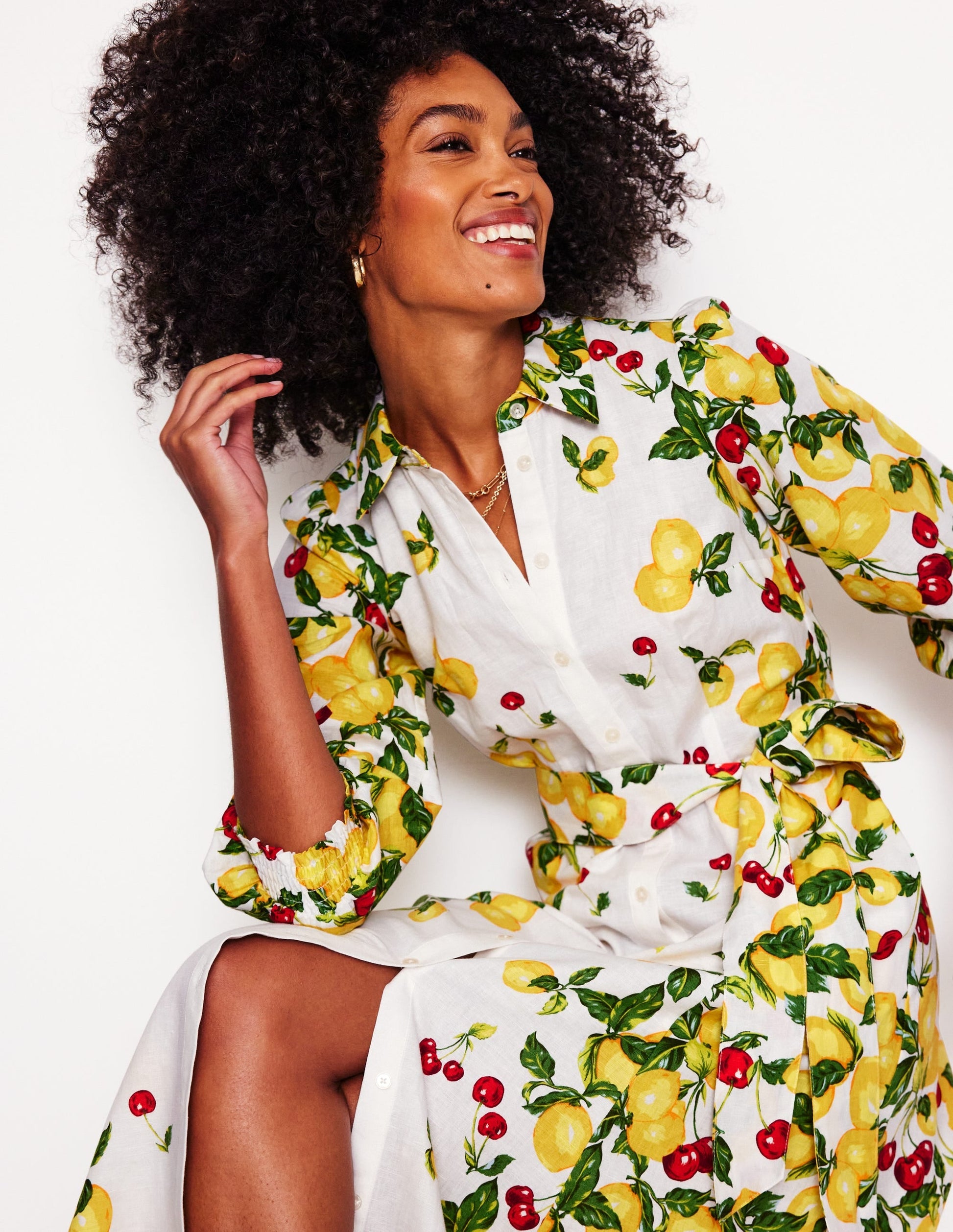 Clara Linen Blend Shirt Dress-Ivory, Cherries and Lemons-1