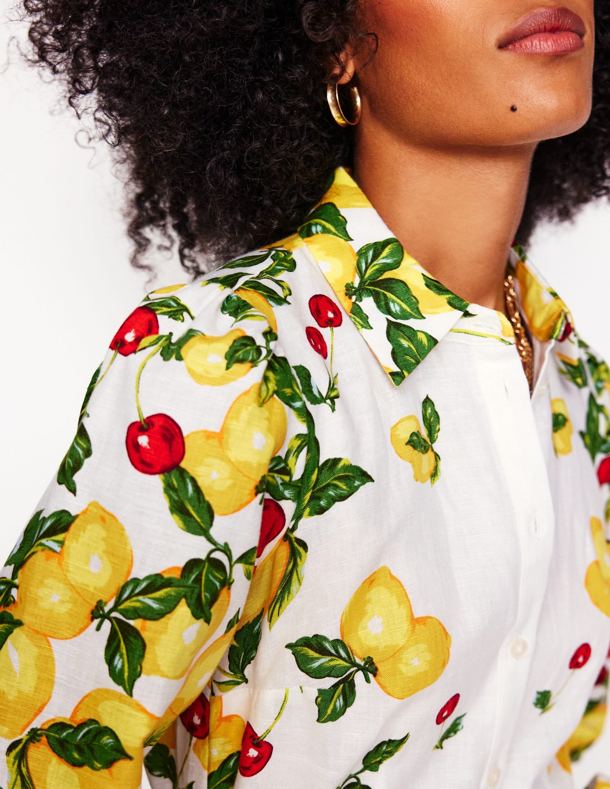 Clara Linen Blend Shirt Dress-Ivory, Cherries and Lemons-3