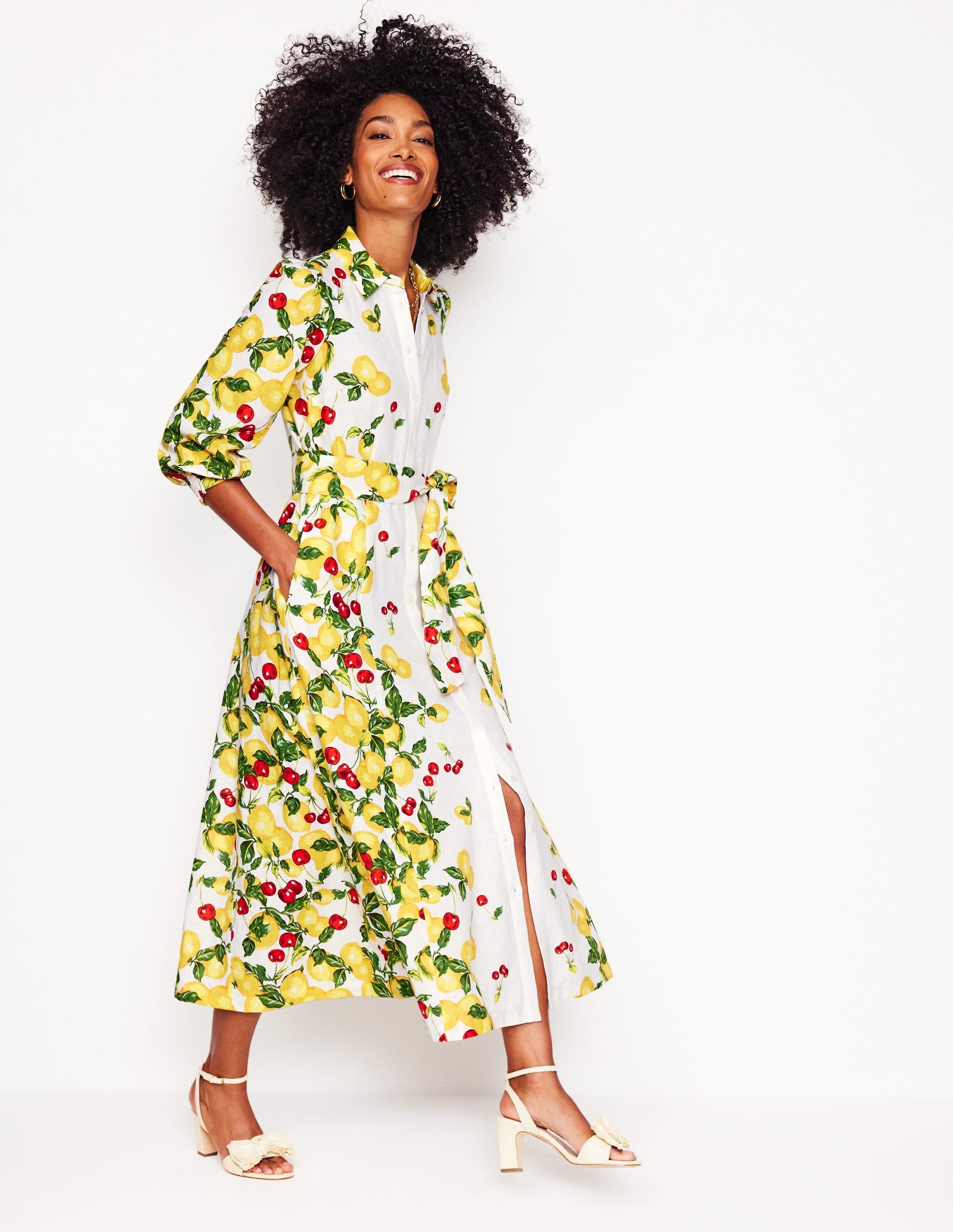 Clara Linen Blend Shirt Dress-Ivory, Cherries and Lemons-5