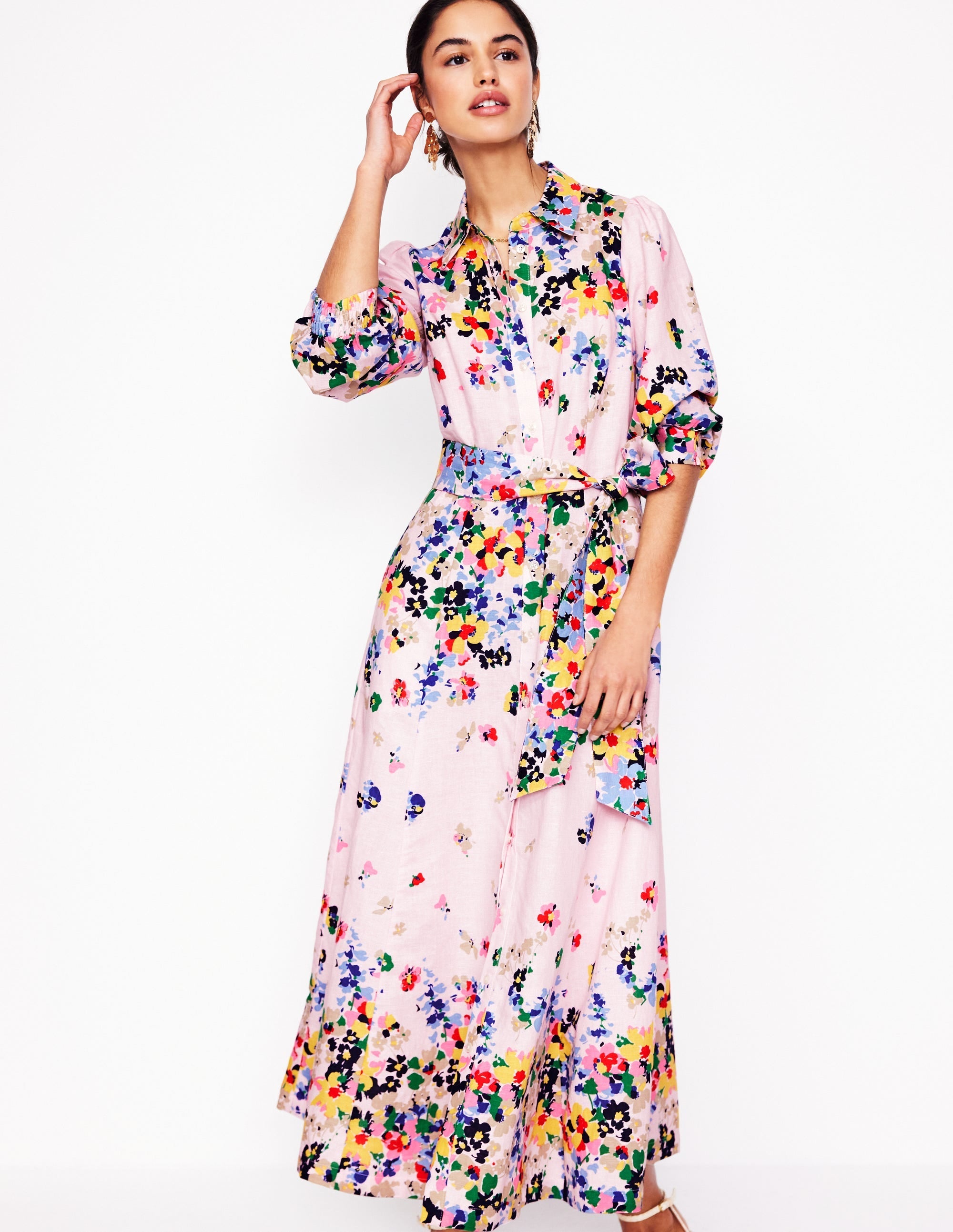 Clara Linen Blend Shirt Dress-Chalk Pink, Painterly Cluster - Image 4
