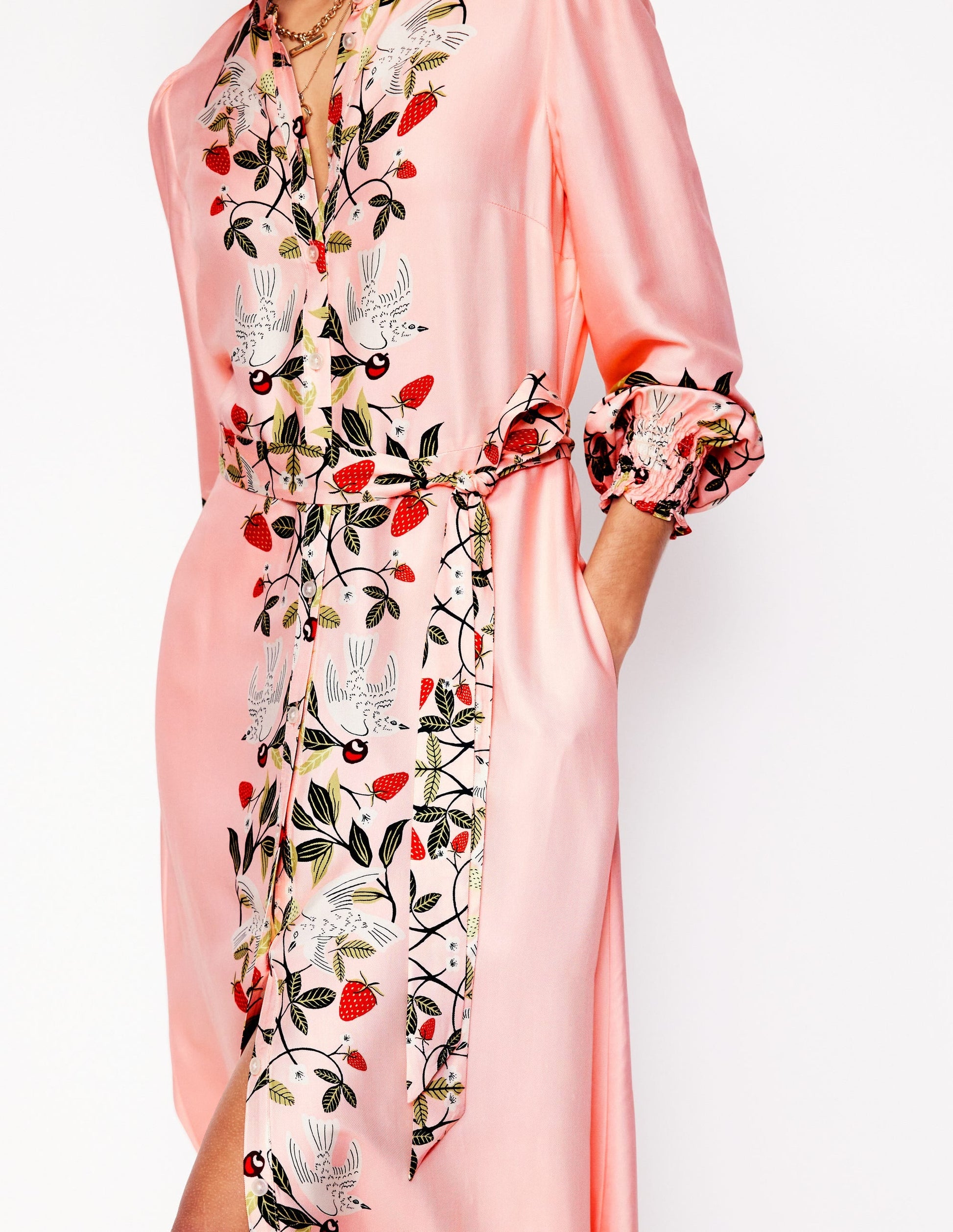 Ruby Collarless Shirt Dress-Pink, Bird Paradise-2