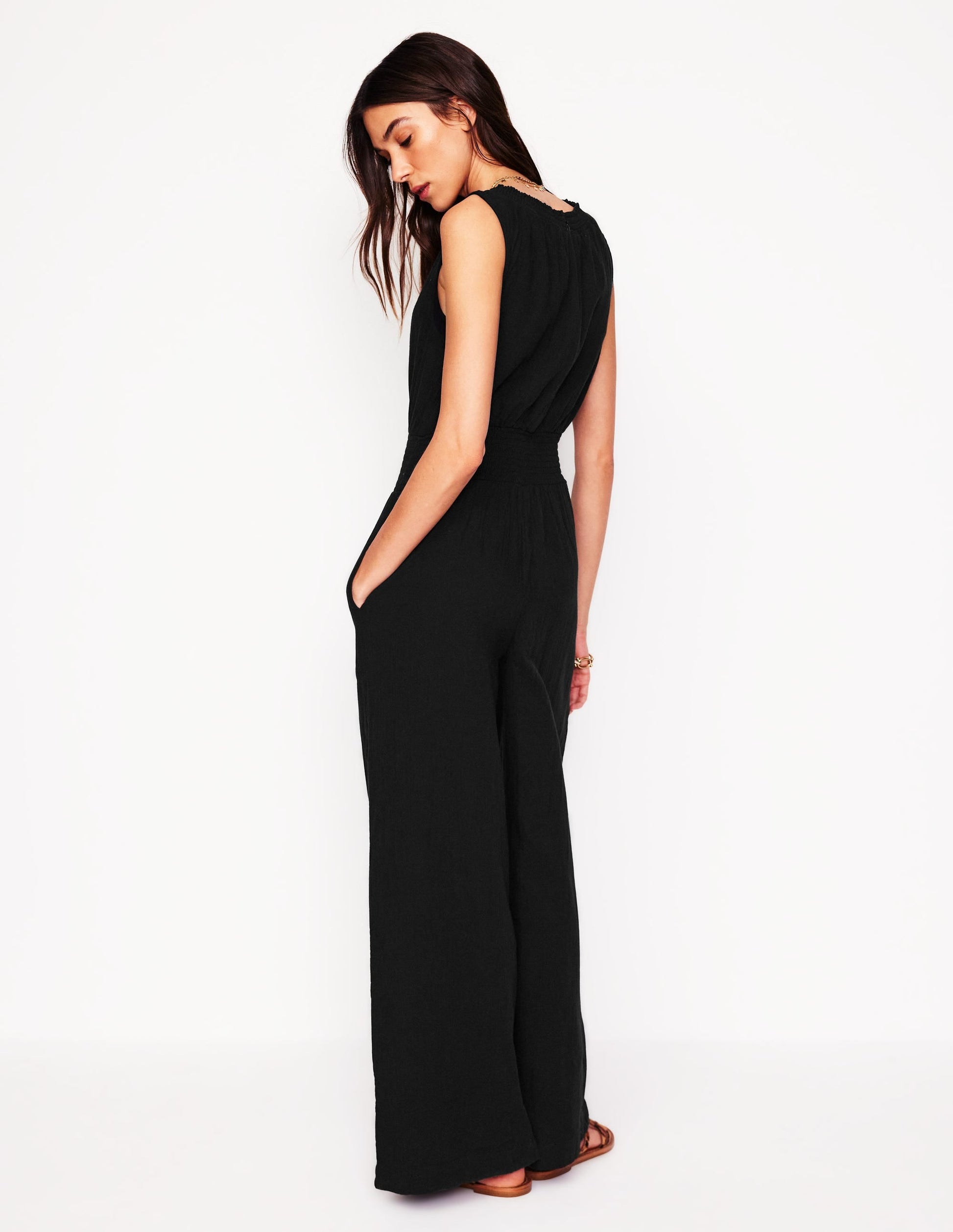 Smocked Double Cloth Jumpsuit-Black-3