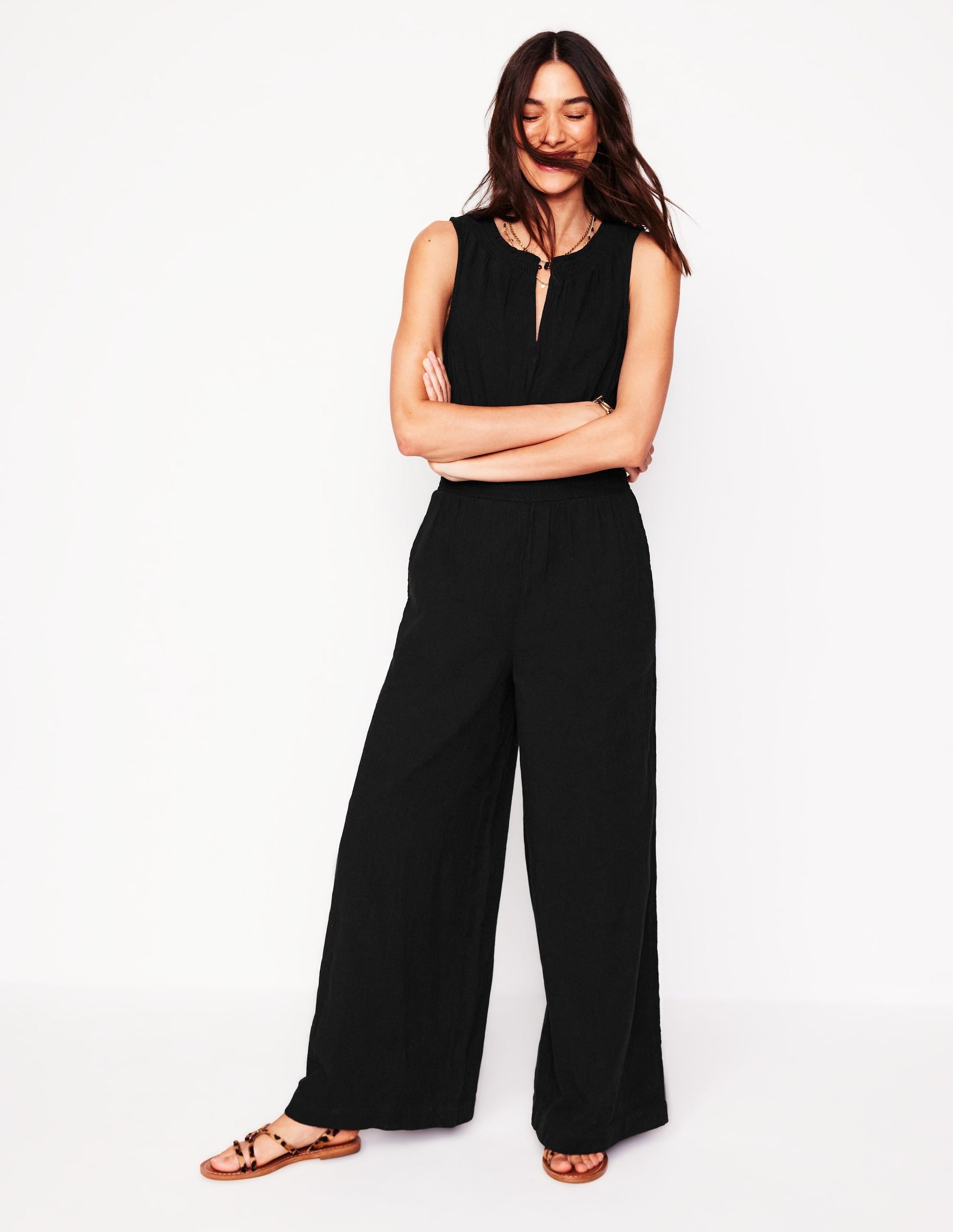 Smocked Double Cloth Jumpsuit-Black-4