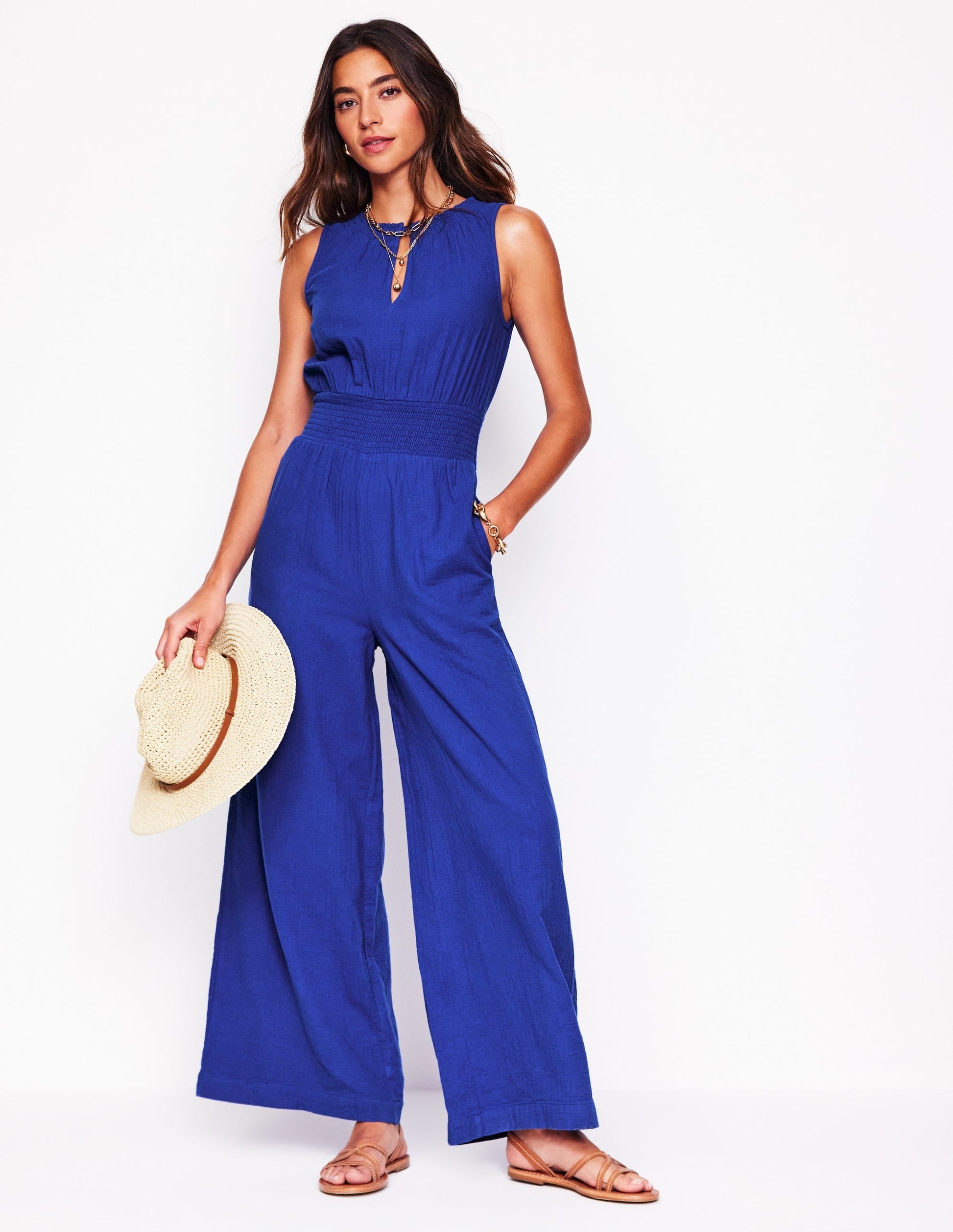 Smocked Double Cloth Jumpsuit-Bright Blue-4