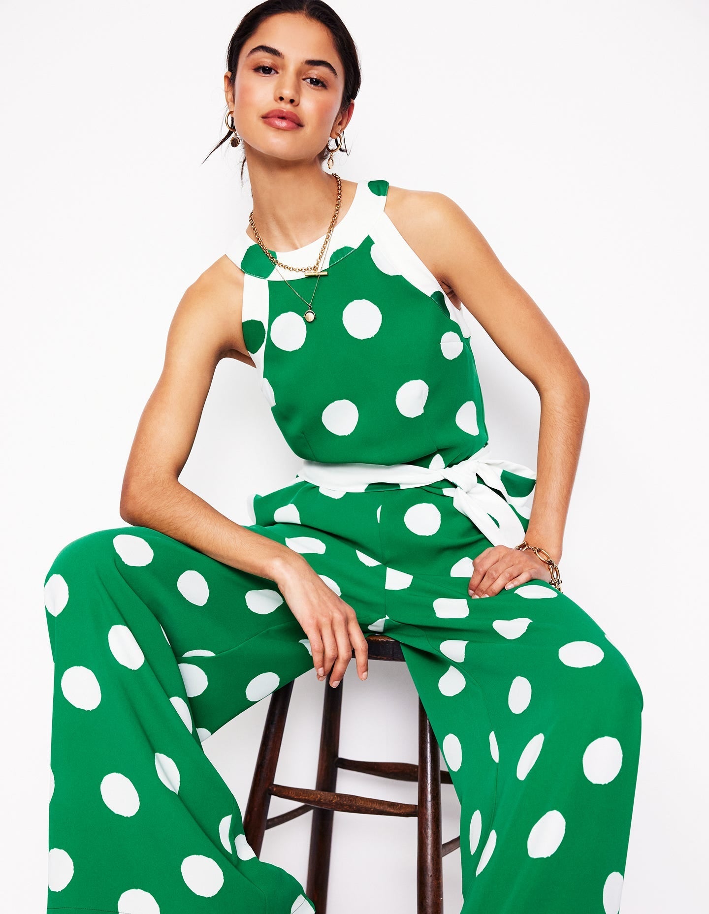 Colourblock Halter Jumpsuit-Rich Emerald, Abstract Dot - Image 2
