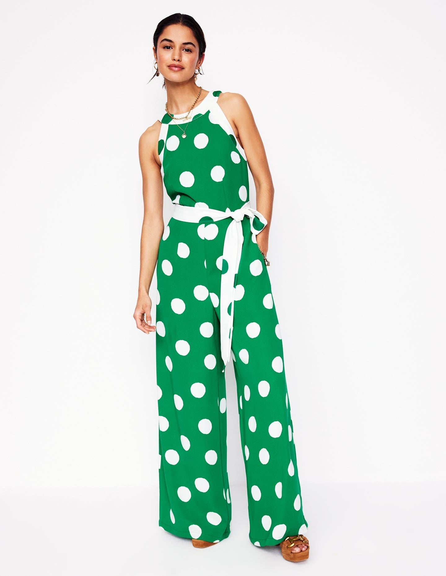 Colourblock Halter Jumpsuit-Rich Emerald, Abstract Dot-5
