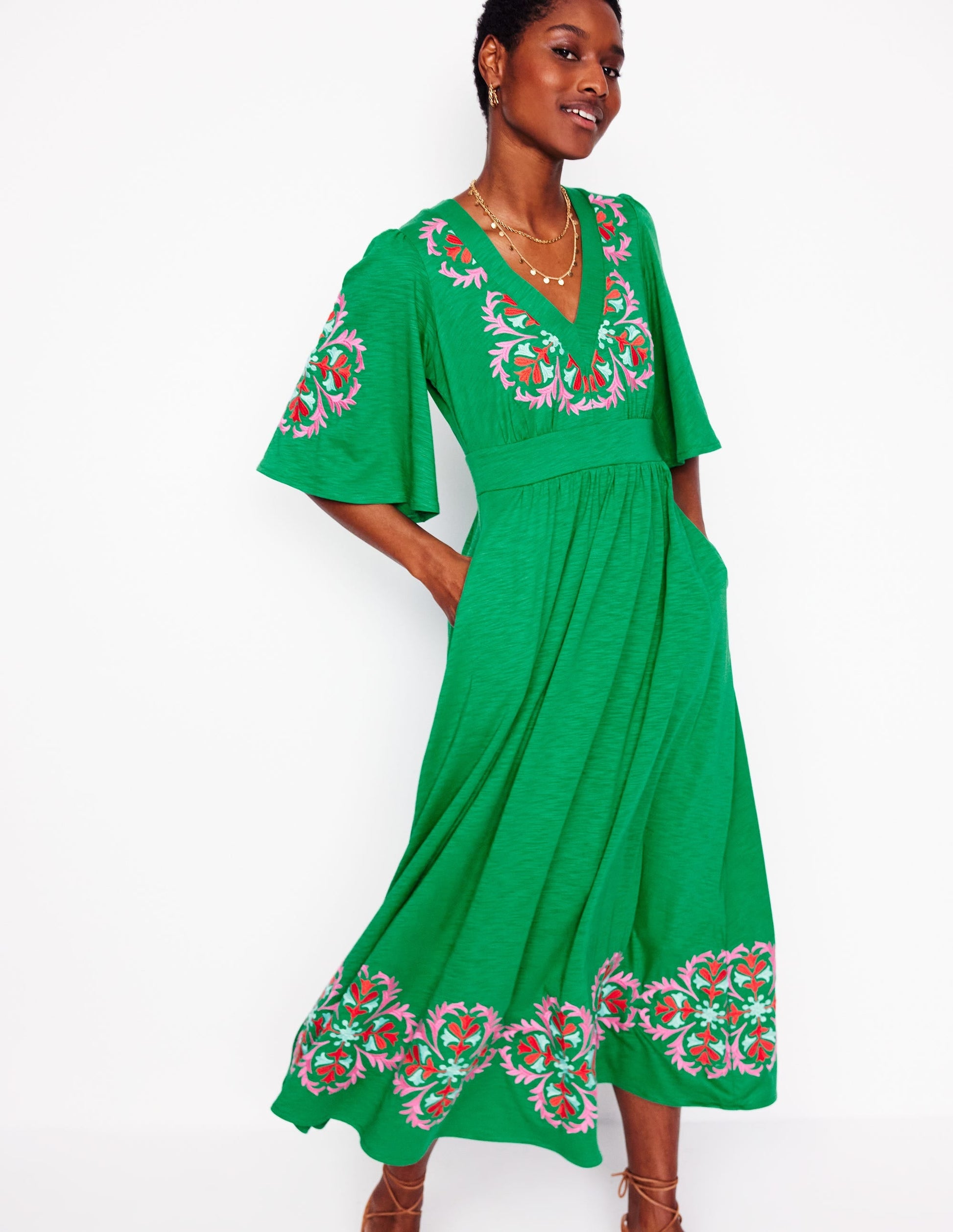 Maya Embroidered Kimono Dress-Rich Emerald, Embroidered-1