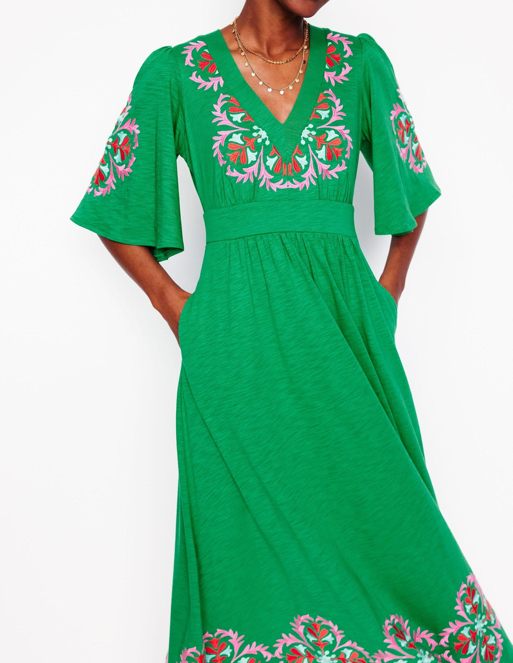 Maya Embroidered Kimono Dress-Rich Emerald, Embroidered-2