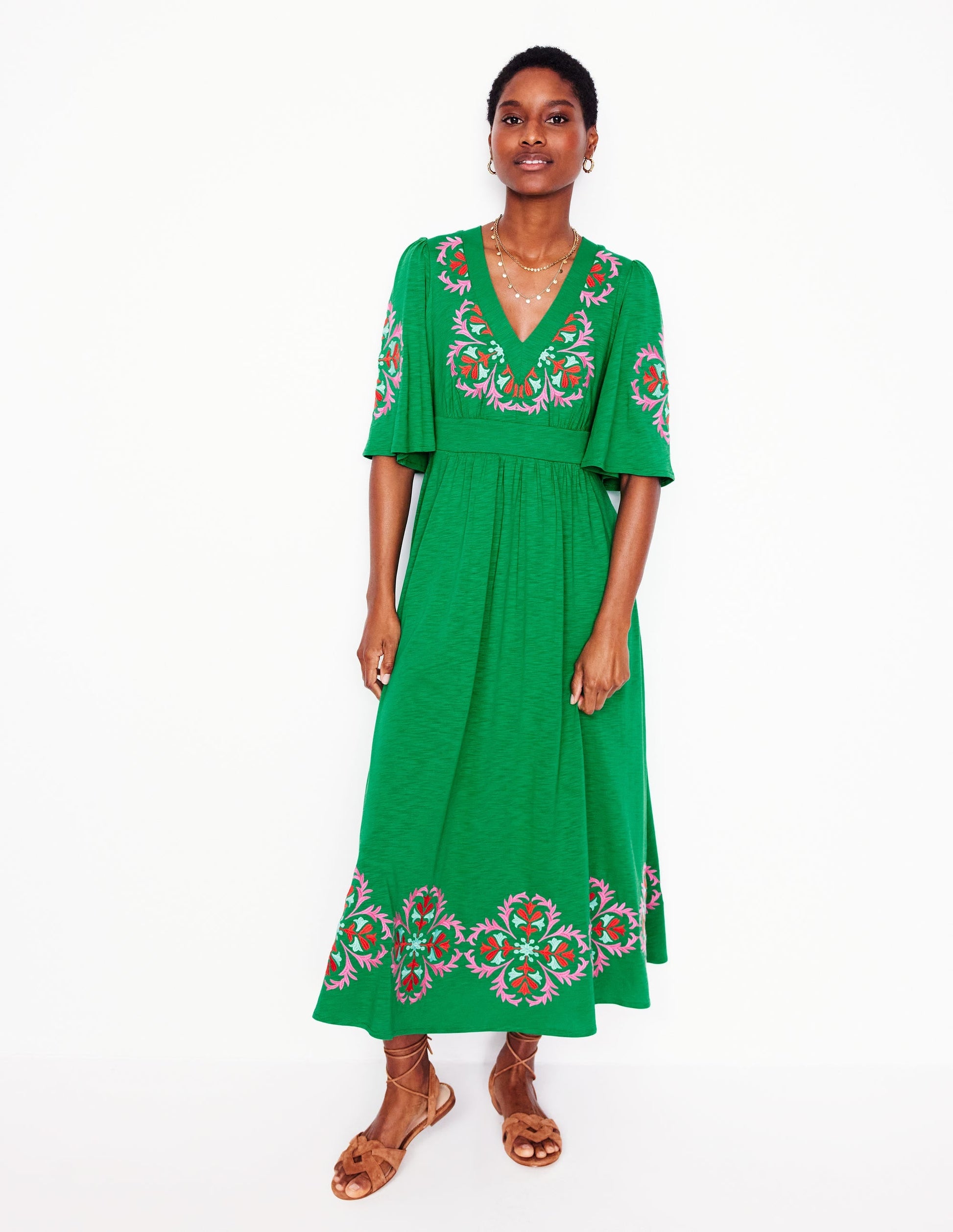 Maya Embroidered Kimono Dress-Rich Emerald, Embroidered-4