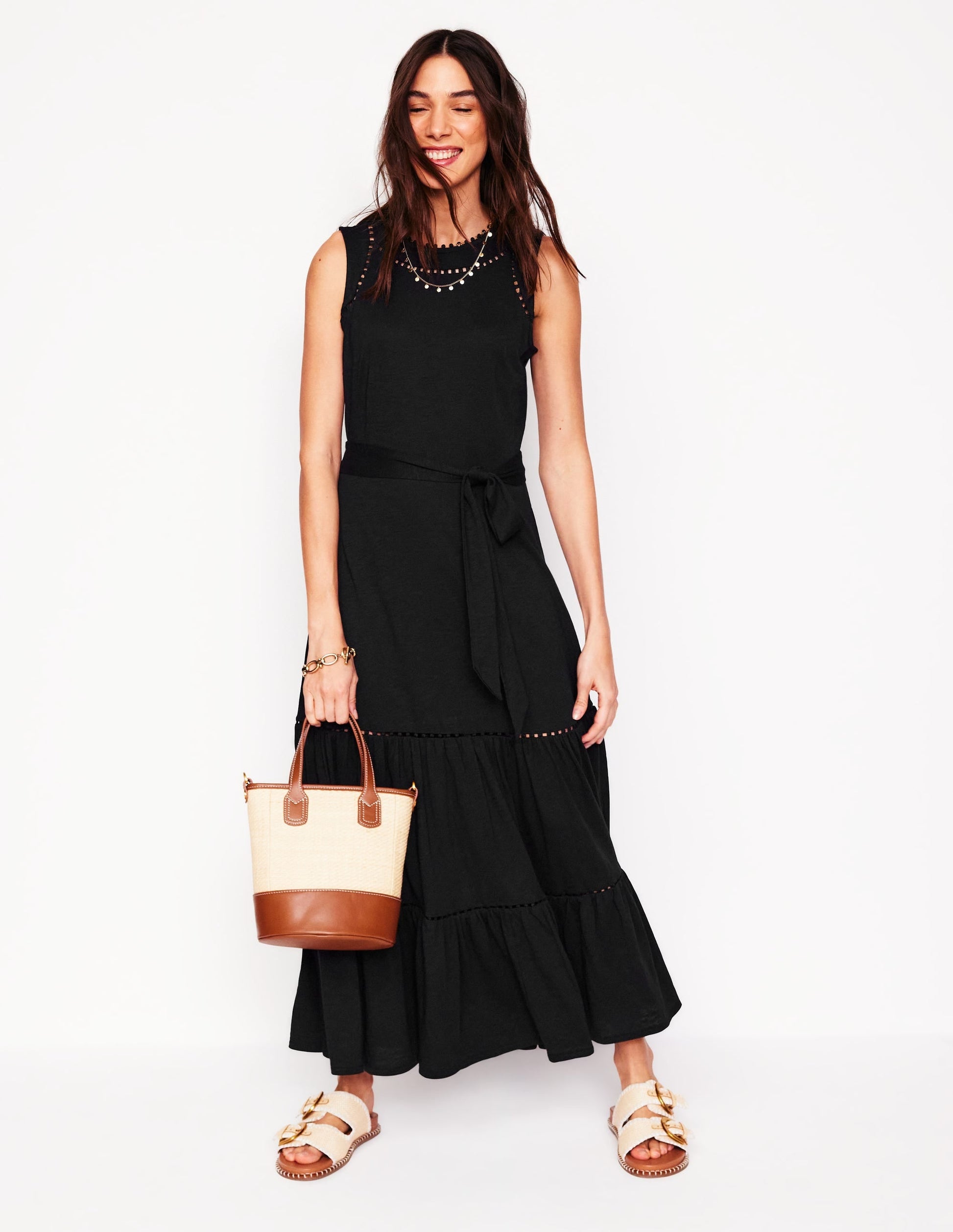 Mila Trim Tiered Jersey Dress-Black-4