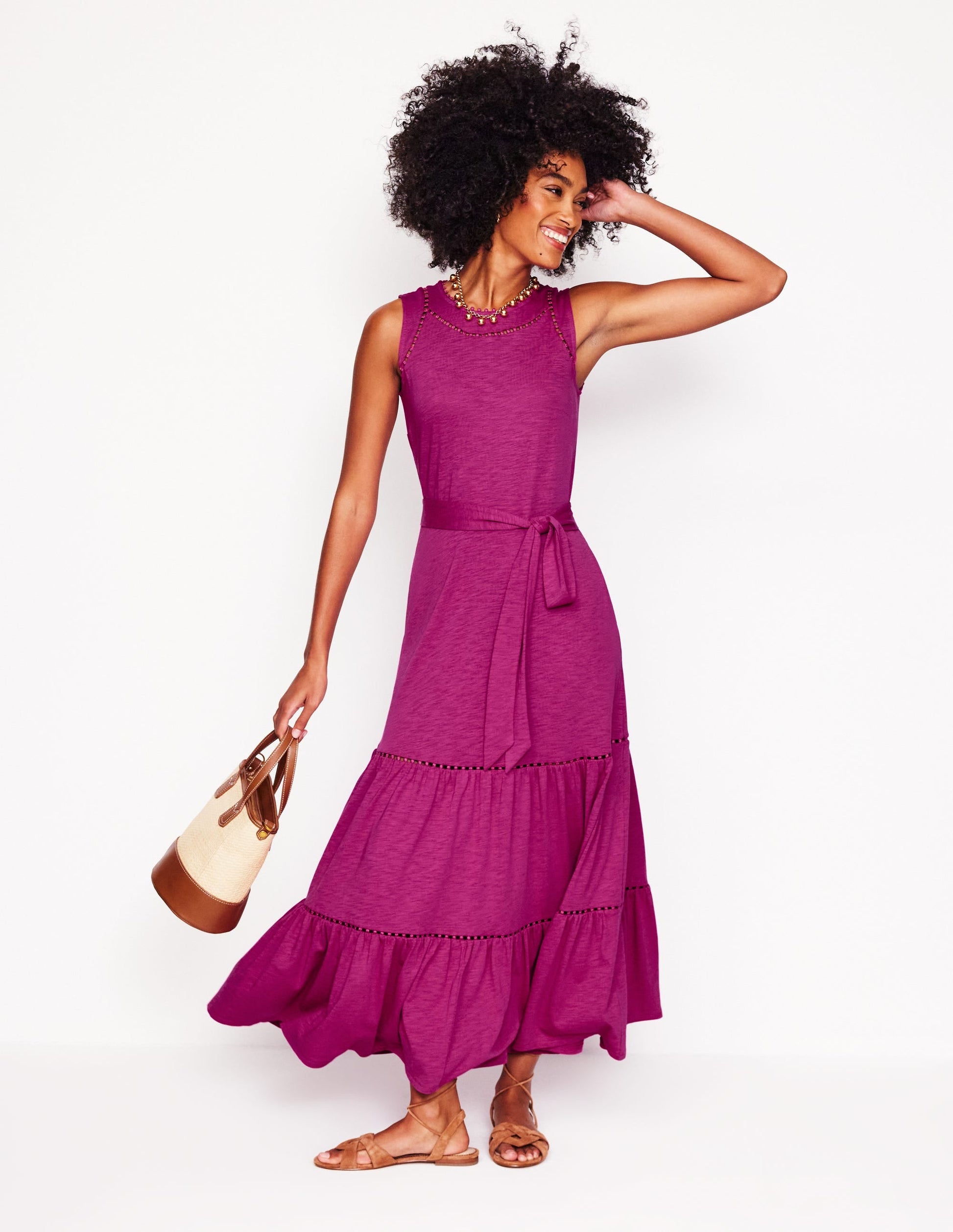 Mila Trim Tiered Jersey Dress-Fuschia-1