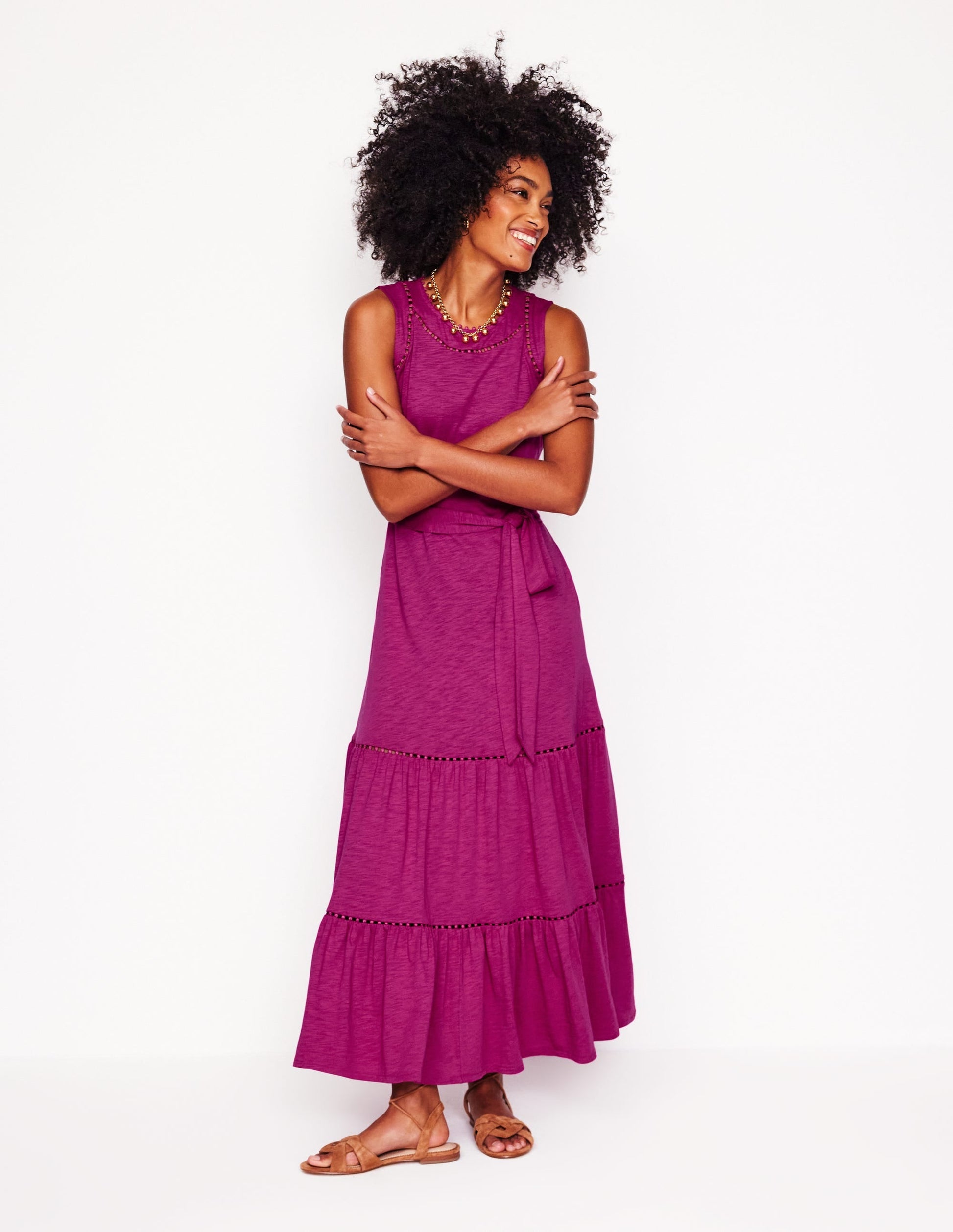 Mila Trim Tiered Jersey Dress-Fuschia-4