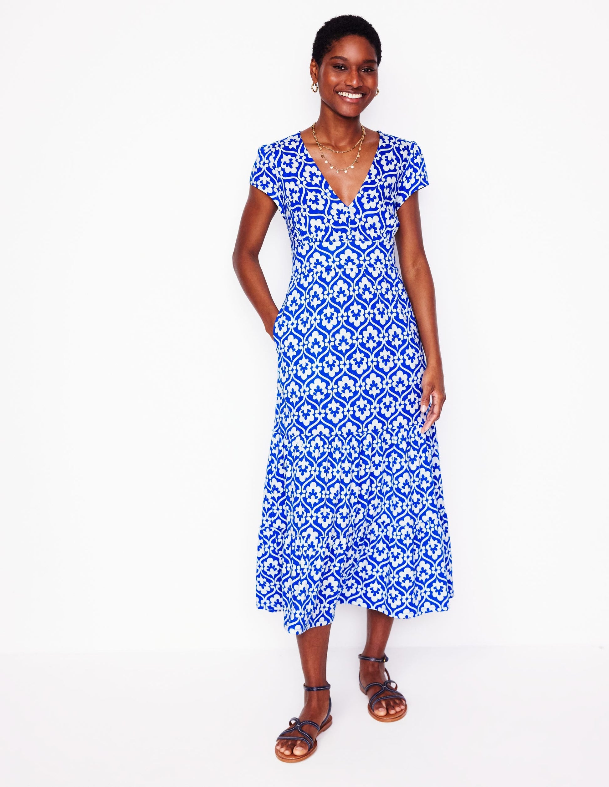 Eloise Tiered Jersey Dress-Gallery Blue, Ivy Trellis-1