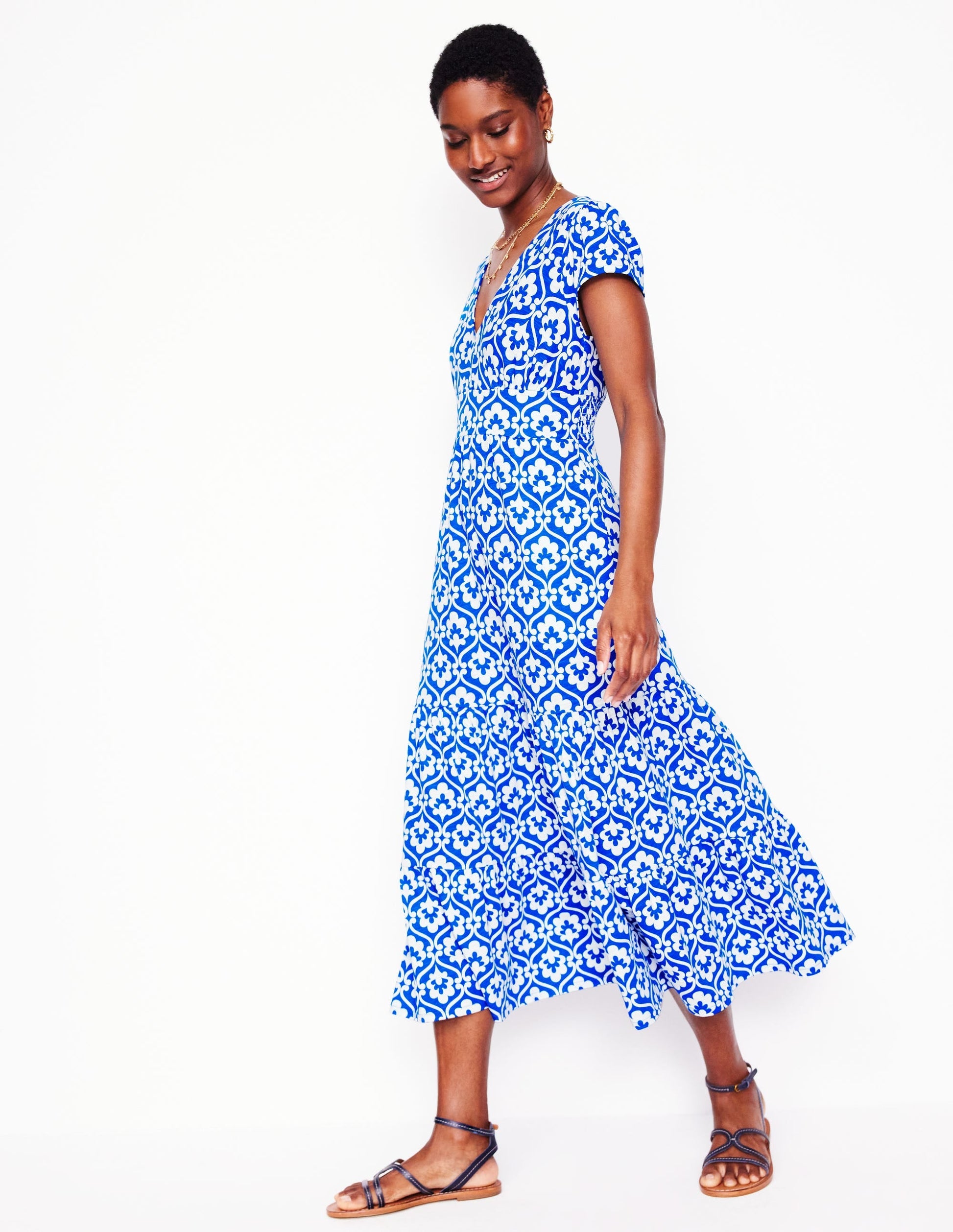 Eloise Tiered Jersey Dress-Gallery Blue, Ivy Trellis-2