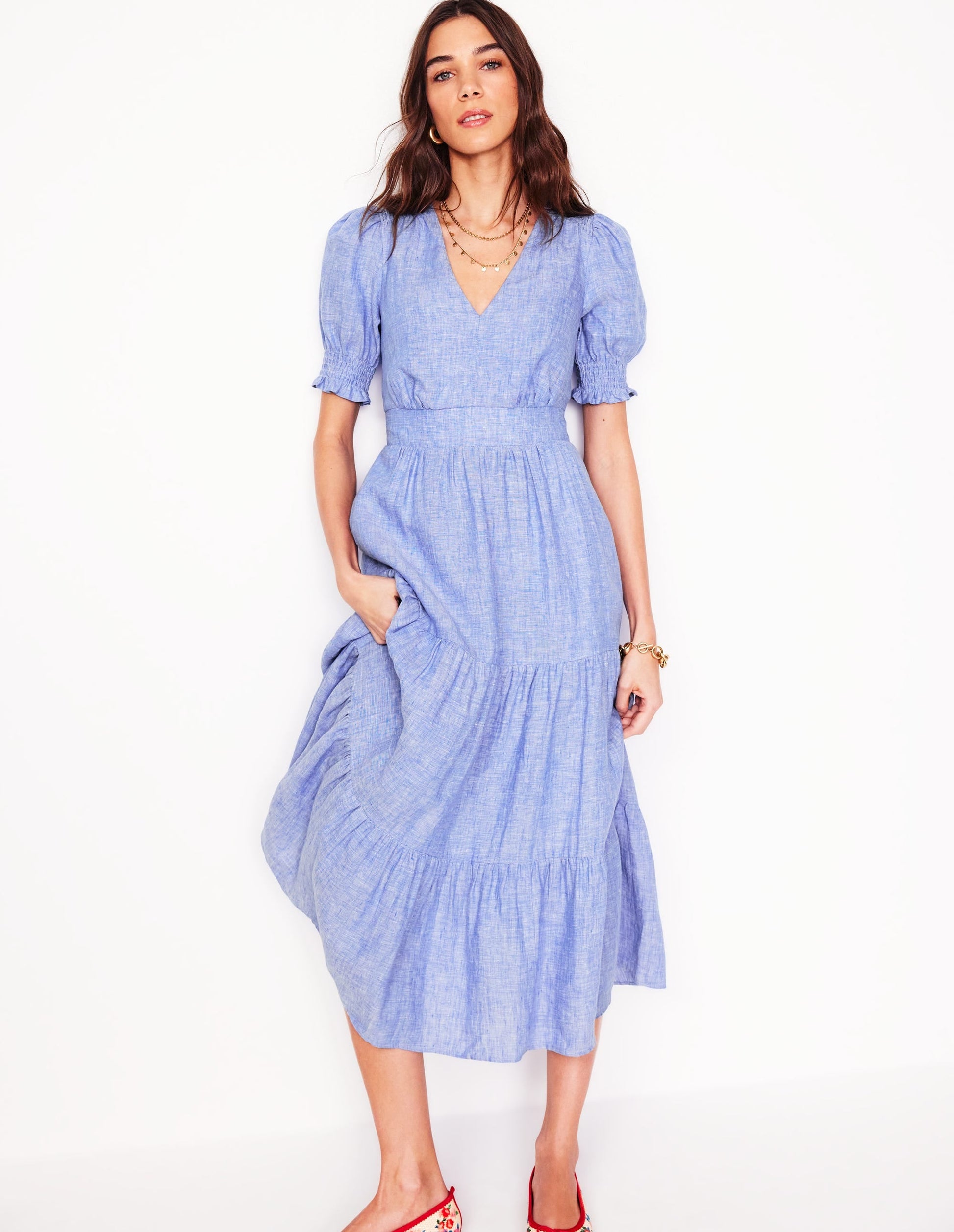 Anna Linen Tiered Midi Dress-Summer Blue Chambray-1