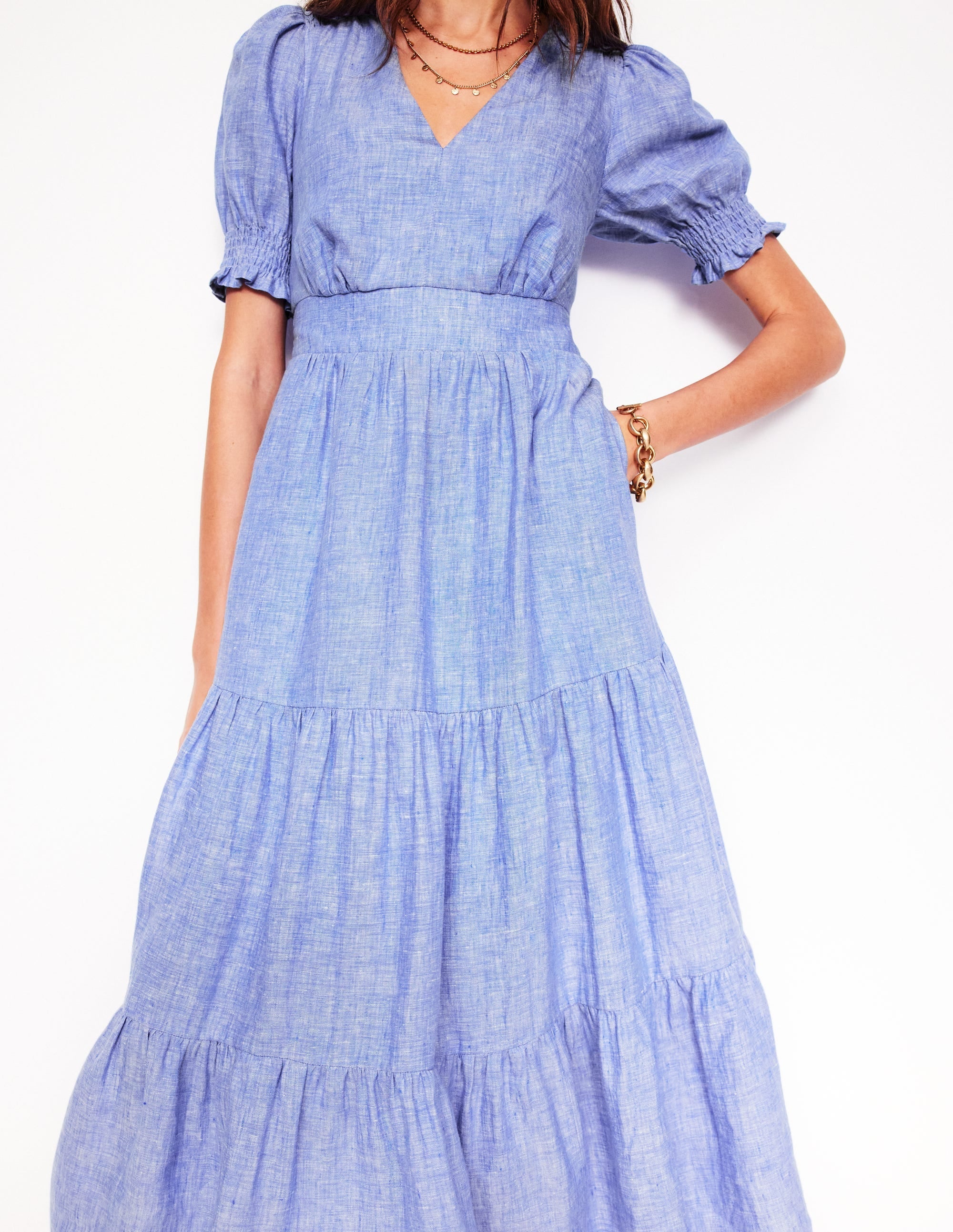 Anna Linen Tiered Midi Dress-Summer Blue Chambray - Image 2