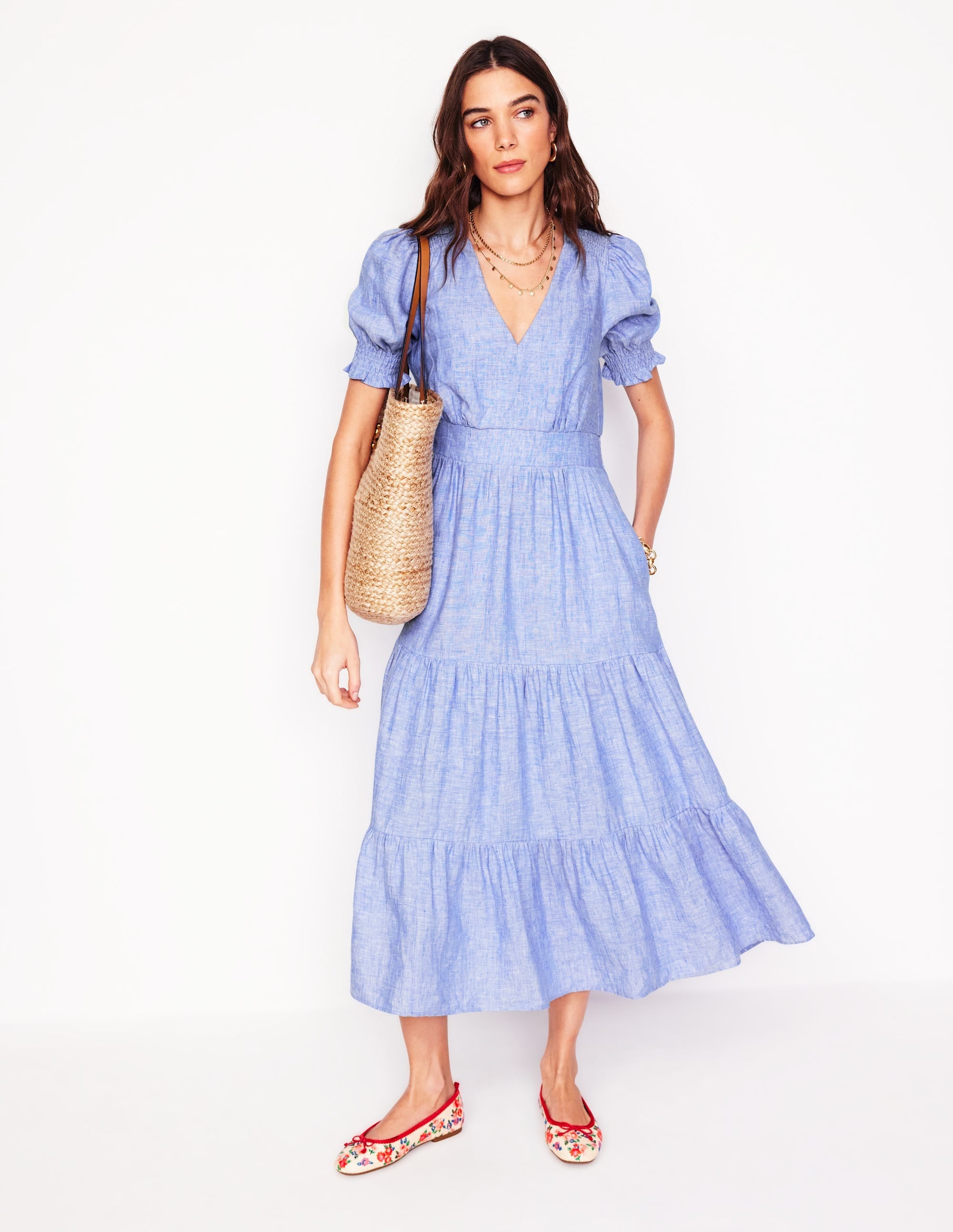 Anna Linen Tiered Midi Dress-Summer Blue Chambray - Image 4