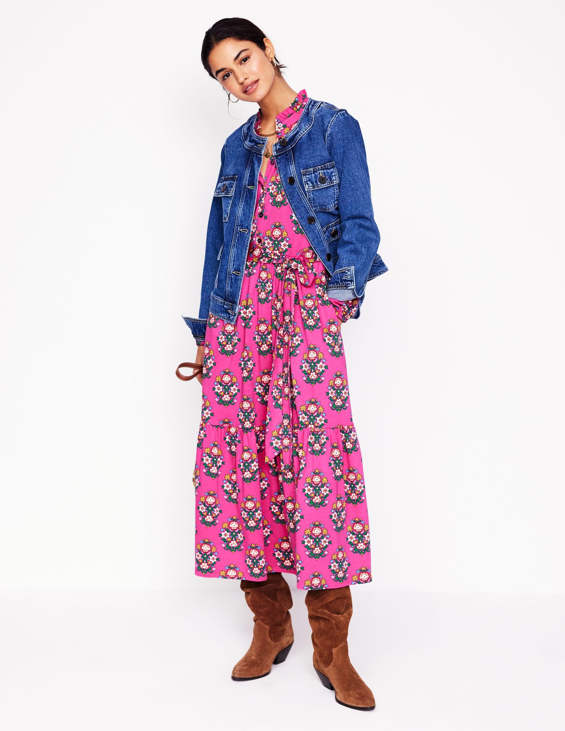 Willow Tiered Jersey Dress-Cosmos Pink, Wildflower Stamp-5
