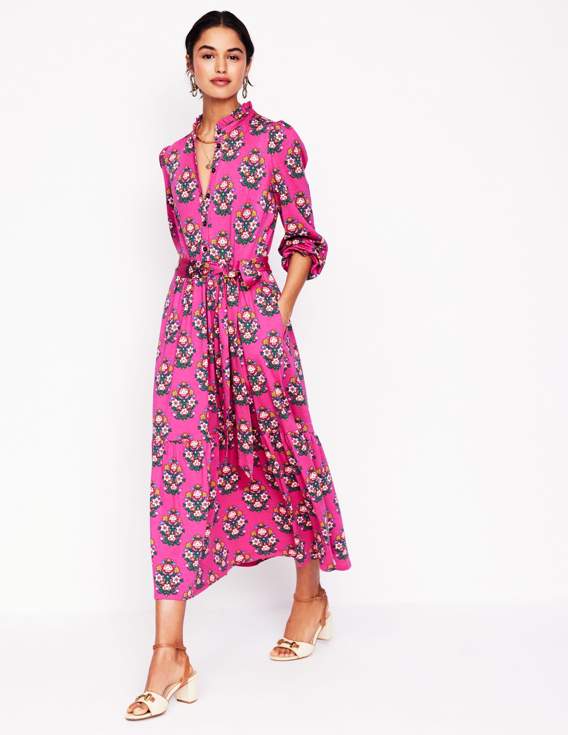 Willow Tiered Jersey Dress-Cosmos Pink, Wildflower Stamp-6