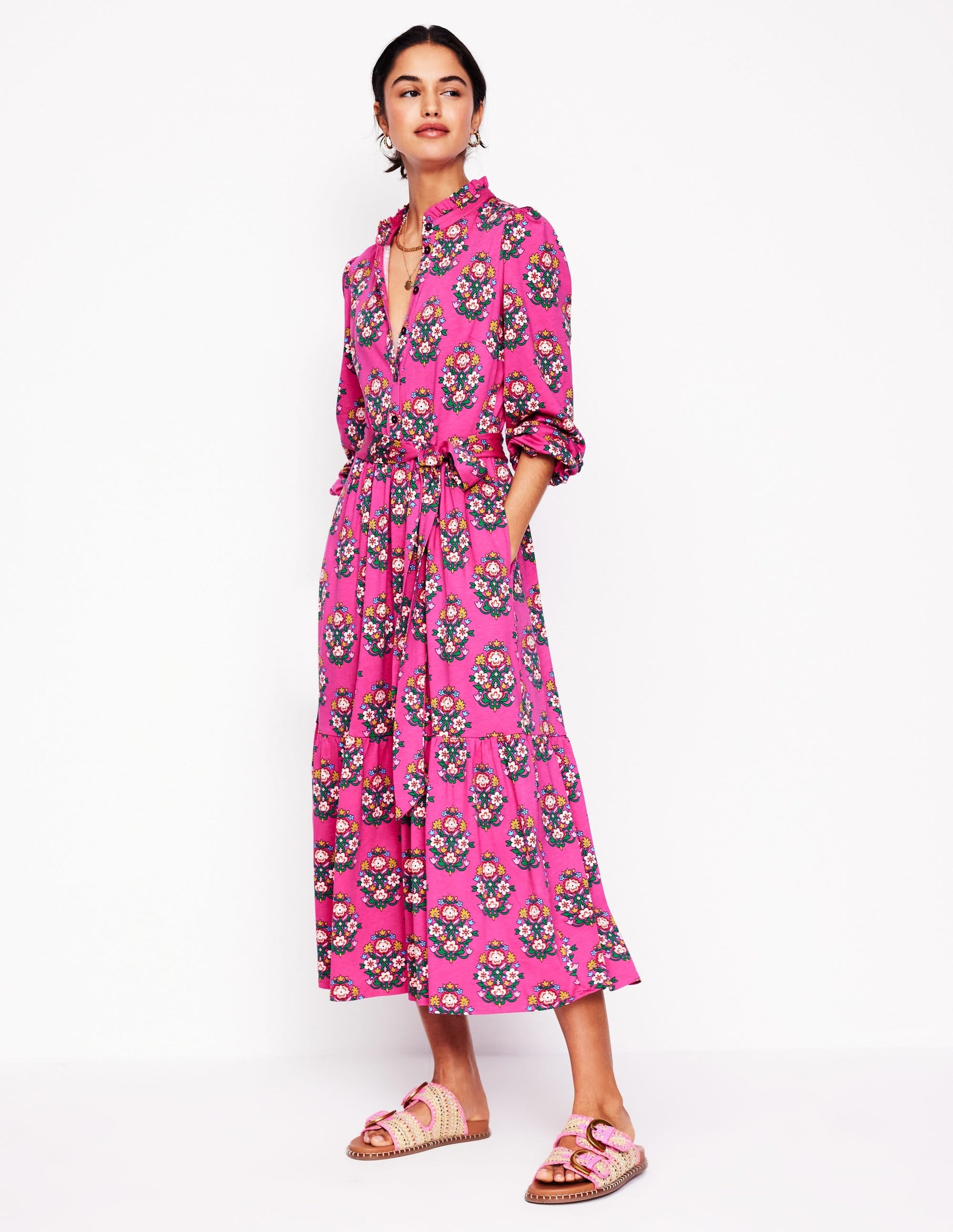 Willow Tiered Jersey Dress-Cosmos Pink, Wildflower Stamp-7