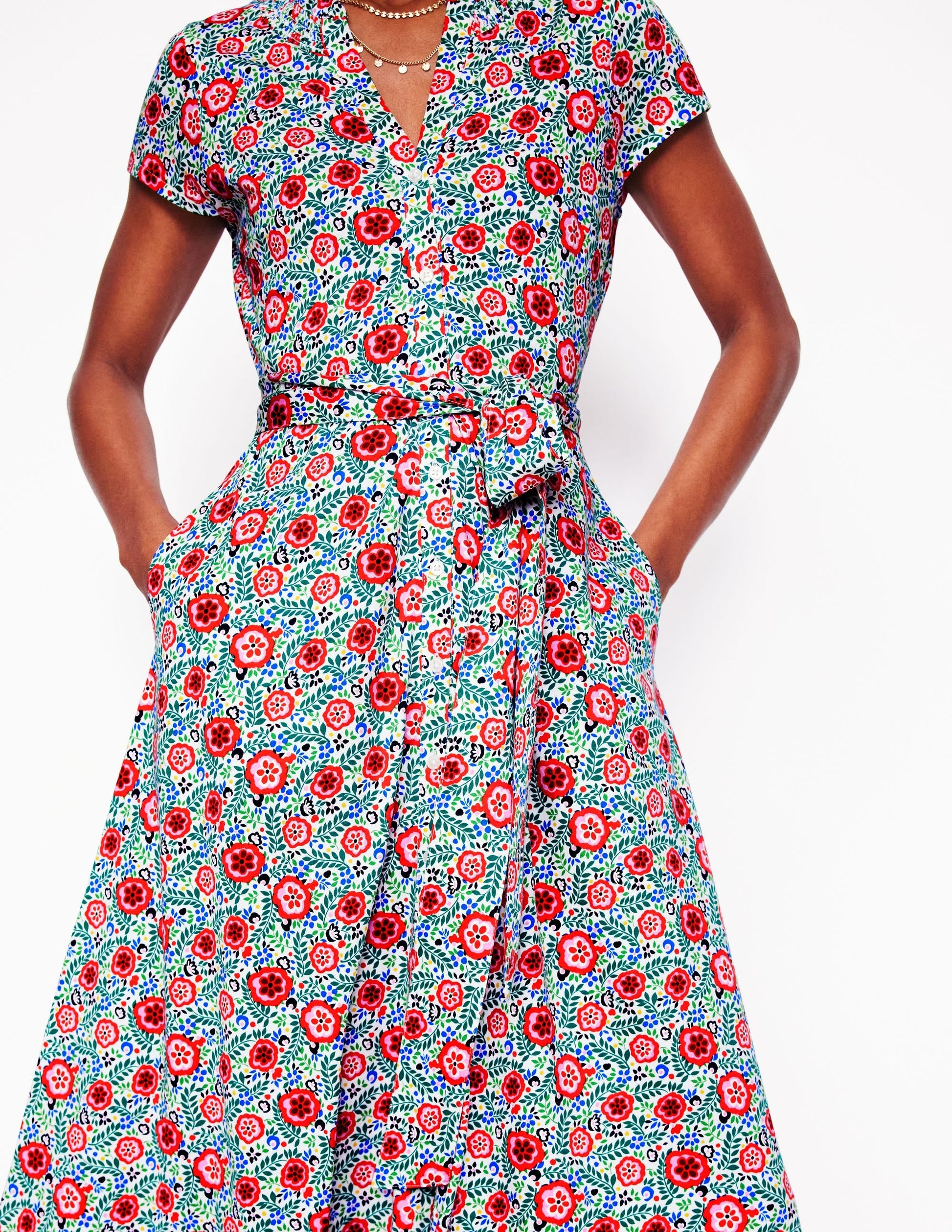 Sara Jersey Shirt Dress-White, Foliage Scatter-3