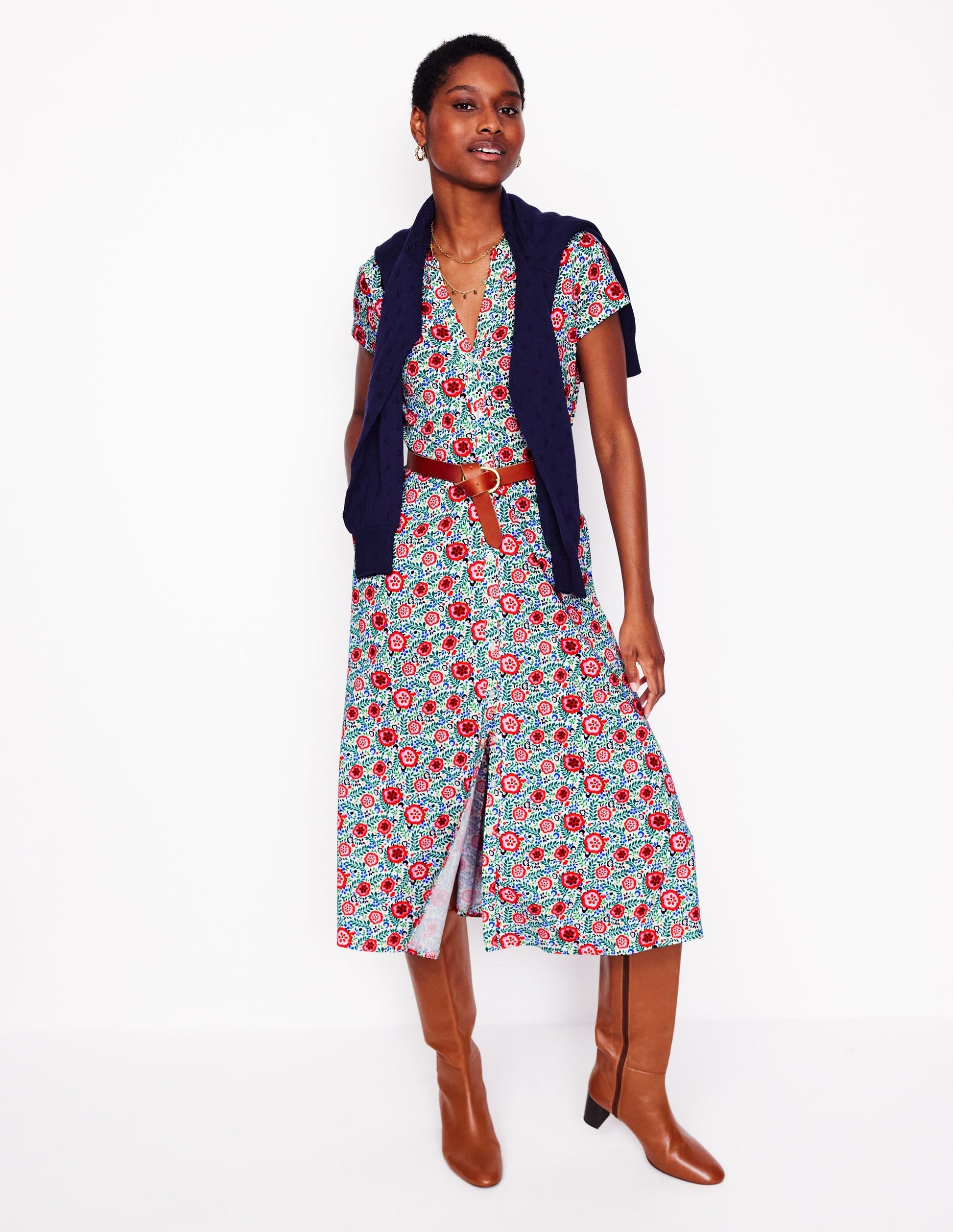 Sara Jersey Shirt Dress-White, Foliage Scatter-1