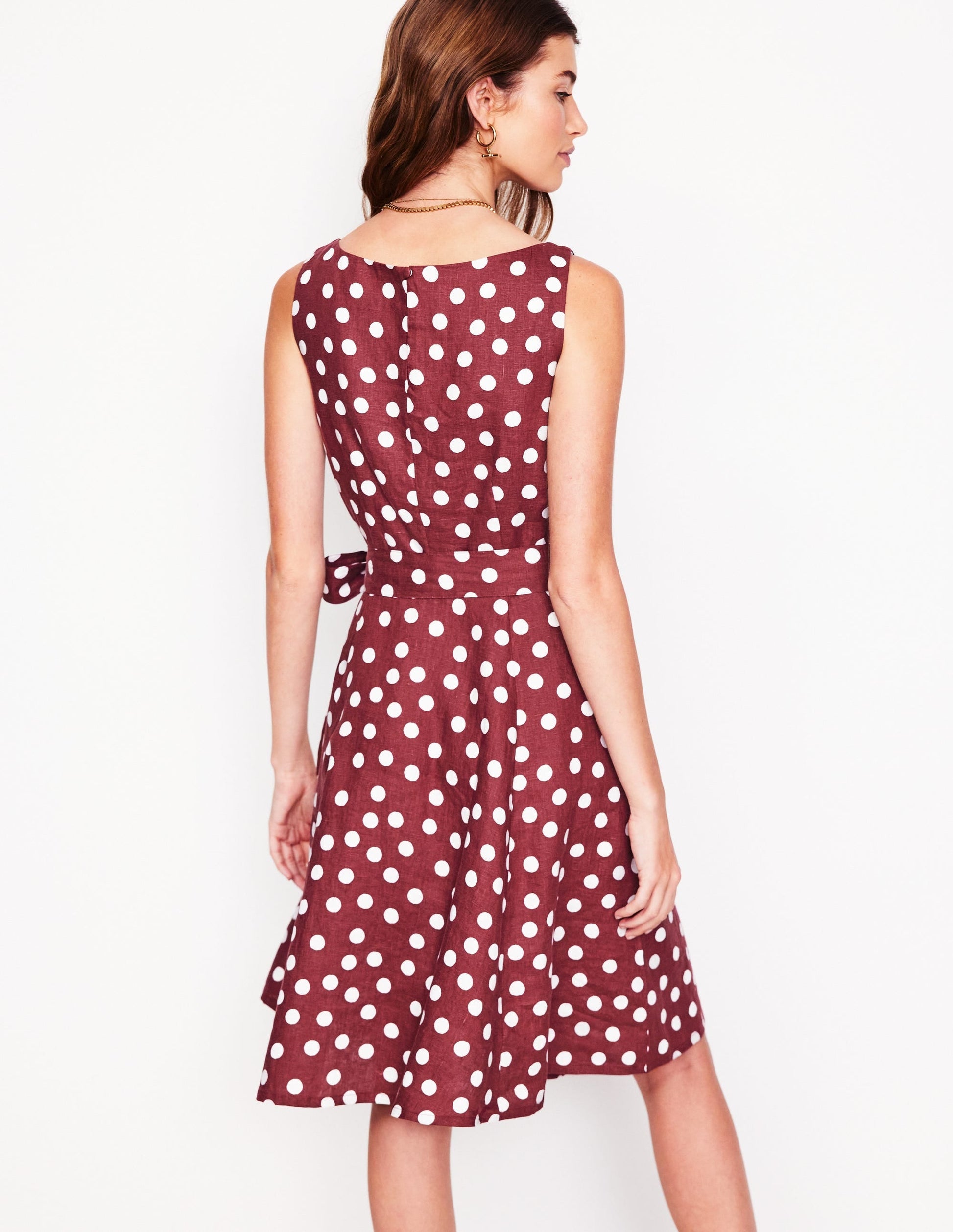Anya Sleeveless Linen Dress-Chestnut, Abstract Dot-3