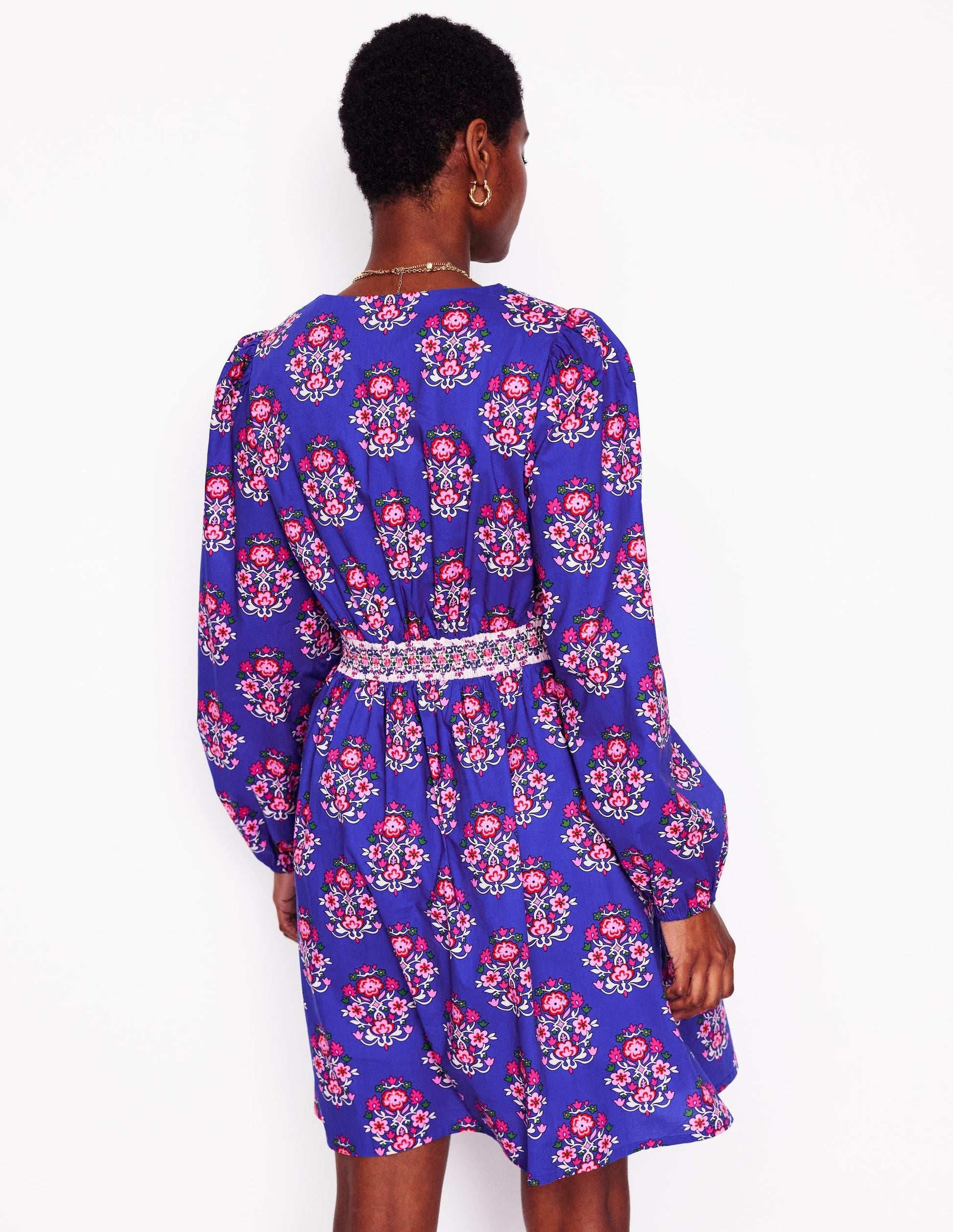 Mya Cotton Short Dress-Bright Blue, Wildflower Stamp-2