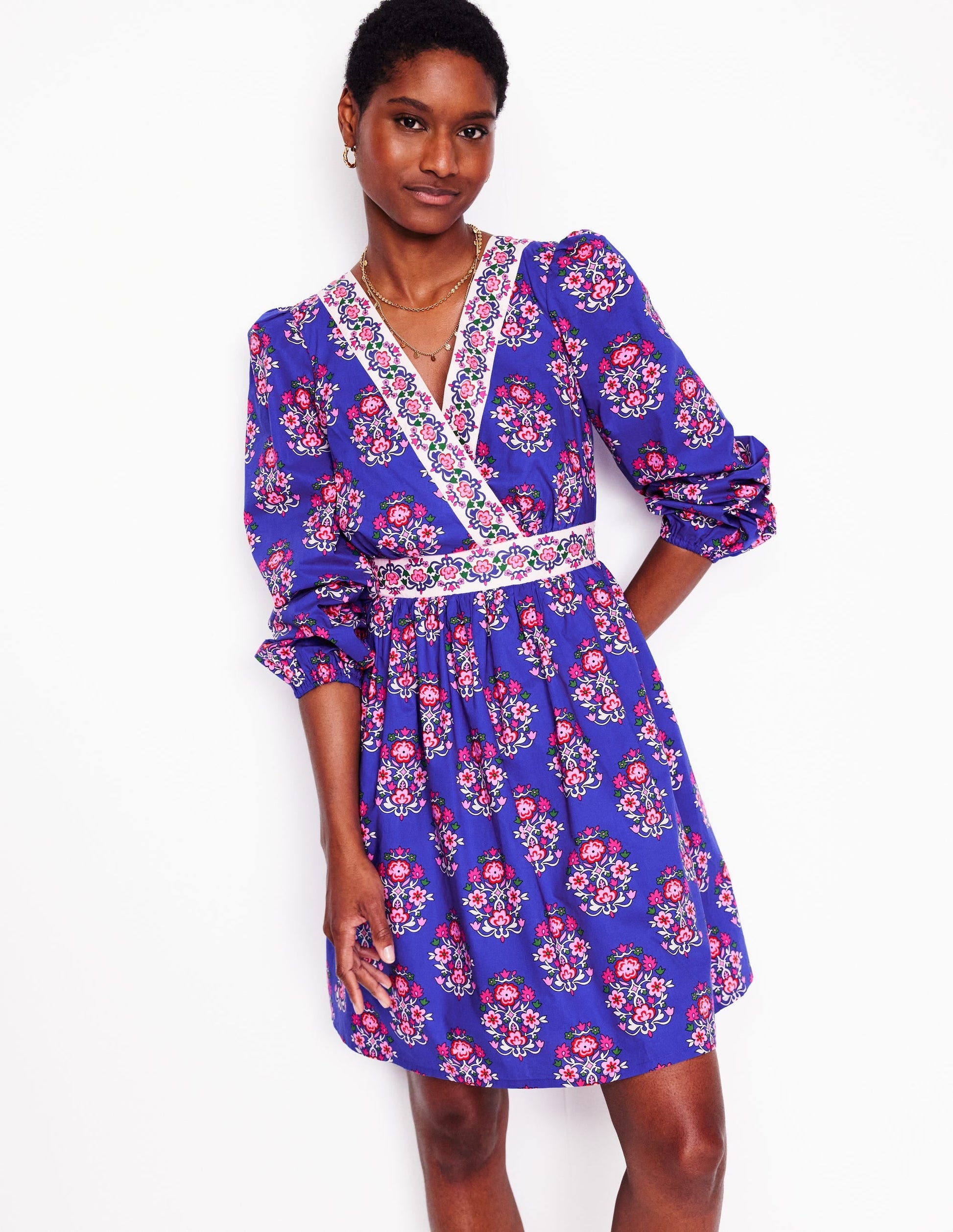 Mya Cotton Short Dress-Bright Blue, Wildflower Stamp-3