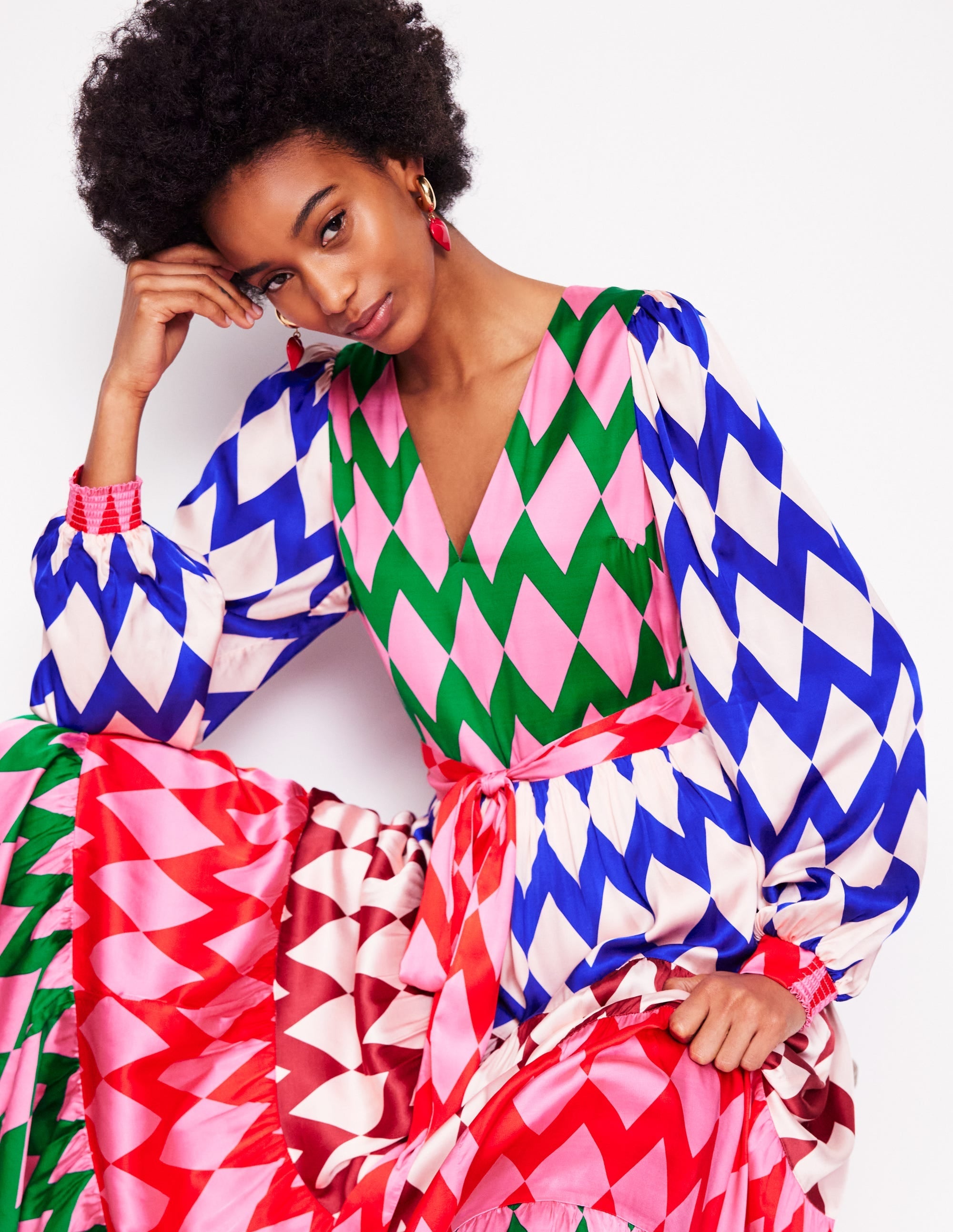 V-Neck Tiered Dress-Multi, Diamond Stripe - Image 1