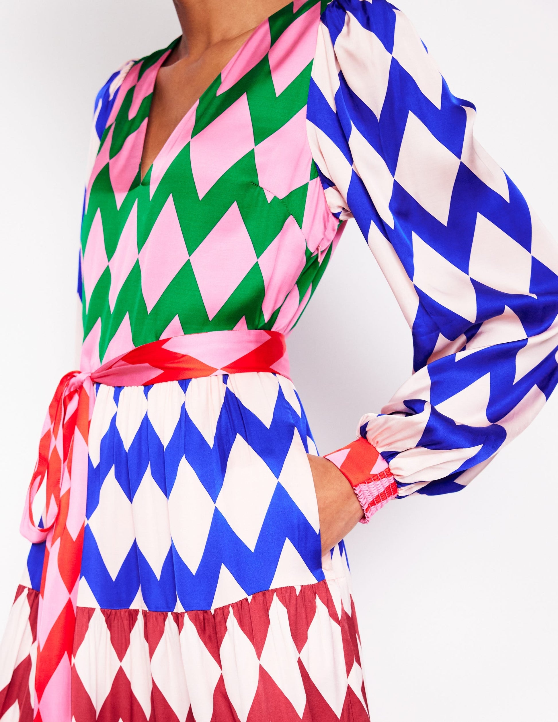 V-Neck Tiered Dress-Multi, Diamond Stripe-2