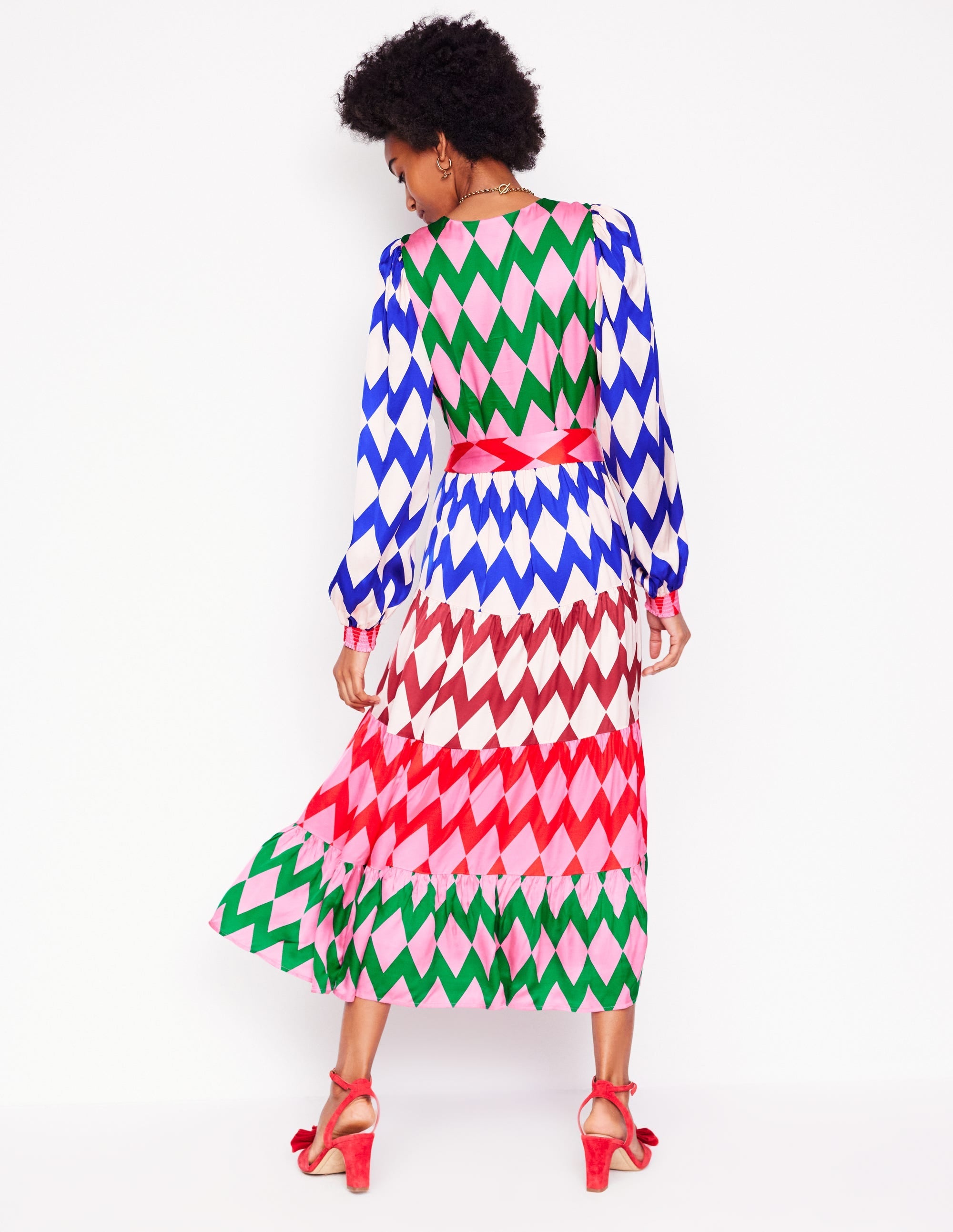 V-Neck Tiered Dress-Multi, Diamond Stripe - Image 3