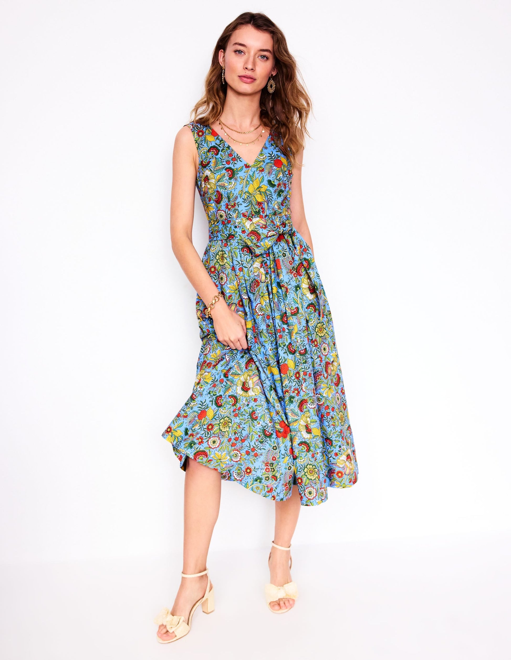 V-Neck Belted Flare Dress-Multi, Citrus Vine-1