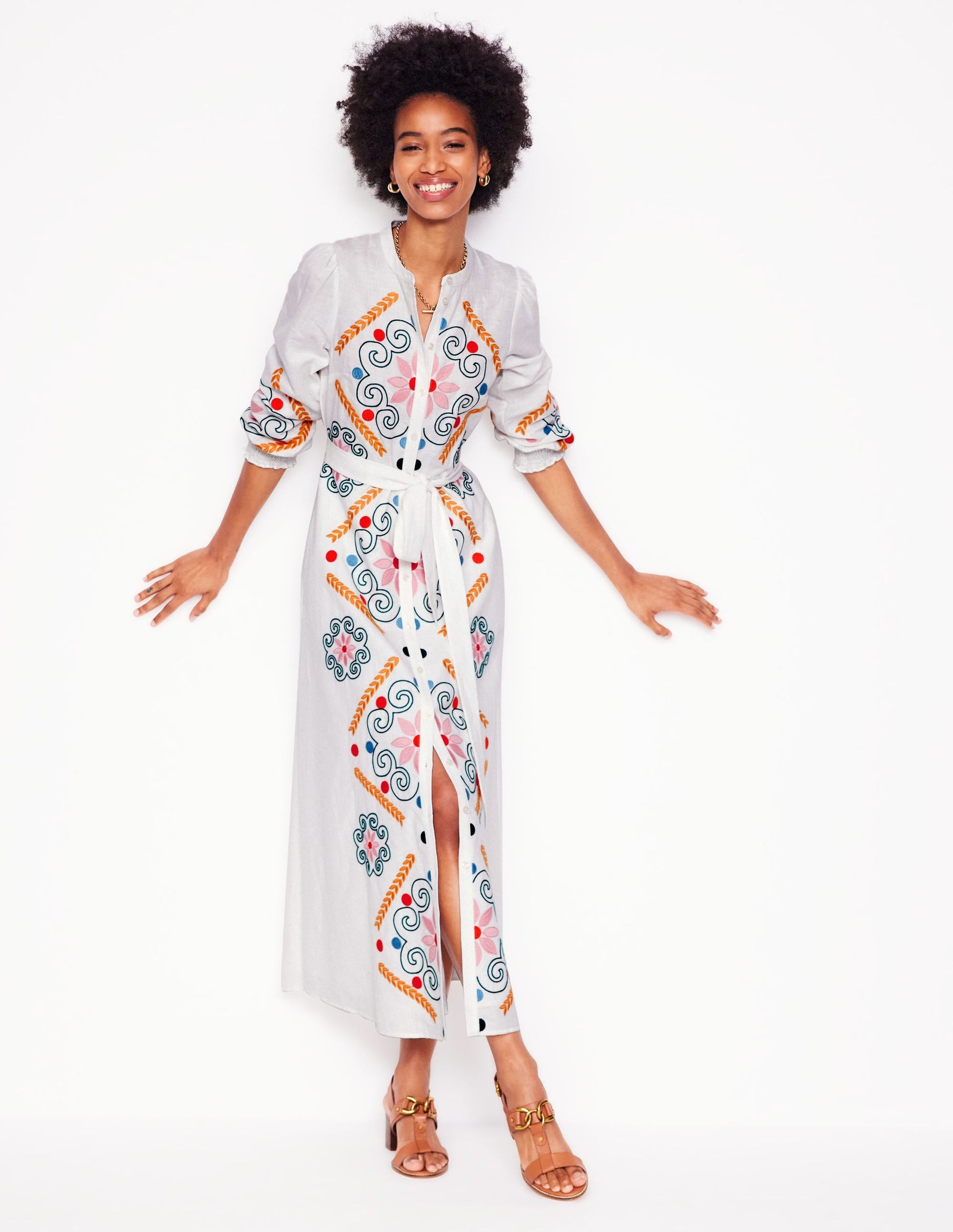 Ruby Linen Blend Shirt Dress-White Embroidery-1