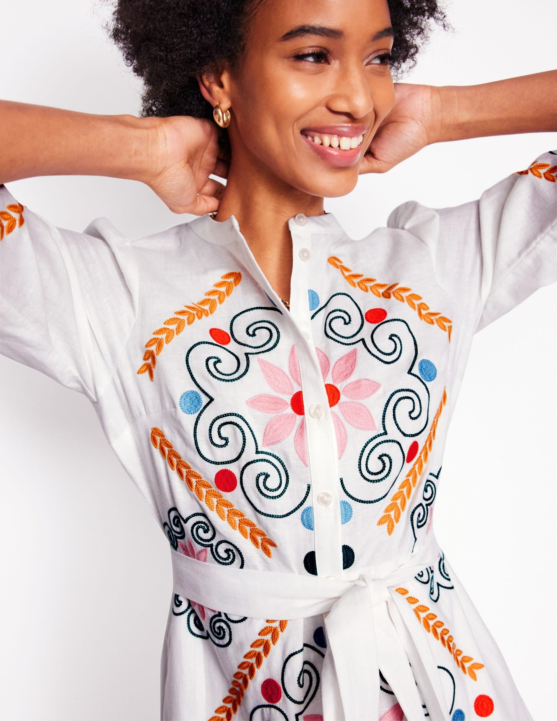 Ruby Linen Blend Shirt Dress-White Embroidery-2