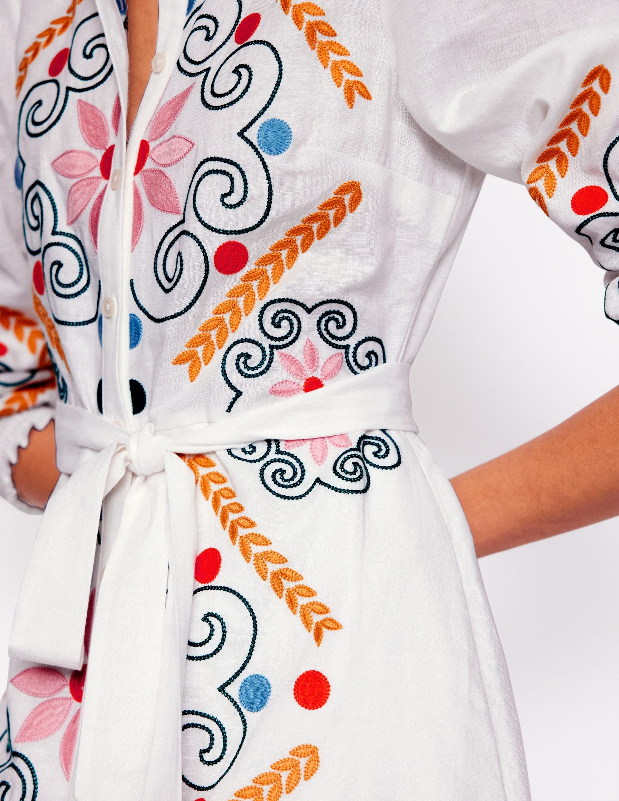 Ruby Linen Blend Shirt Dress-White Embroidery - Image 3