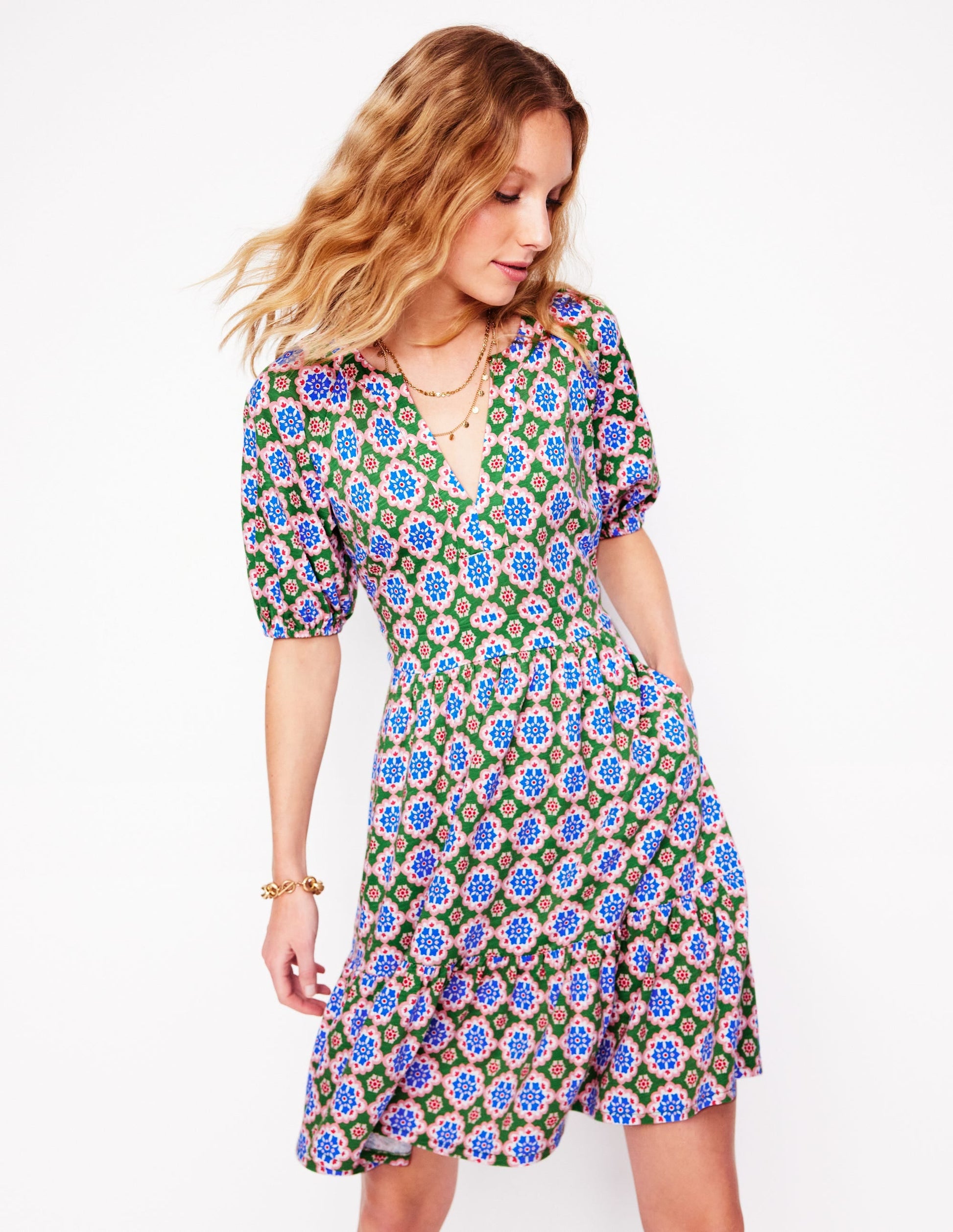 Piper Short Jersey Dress-Iguana Green, Bloom Geo-1