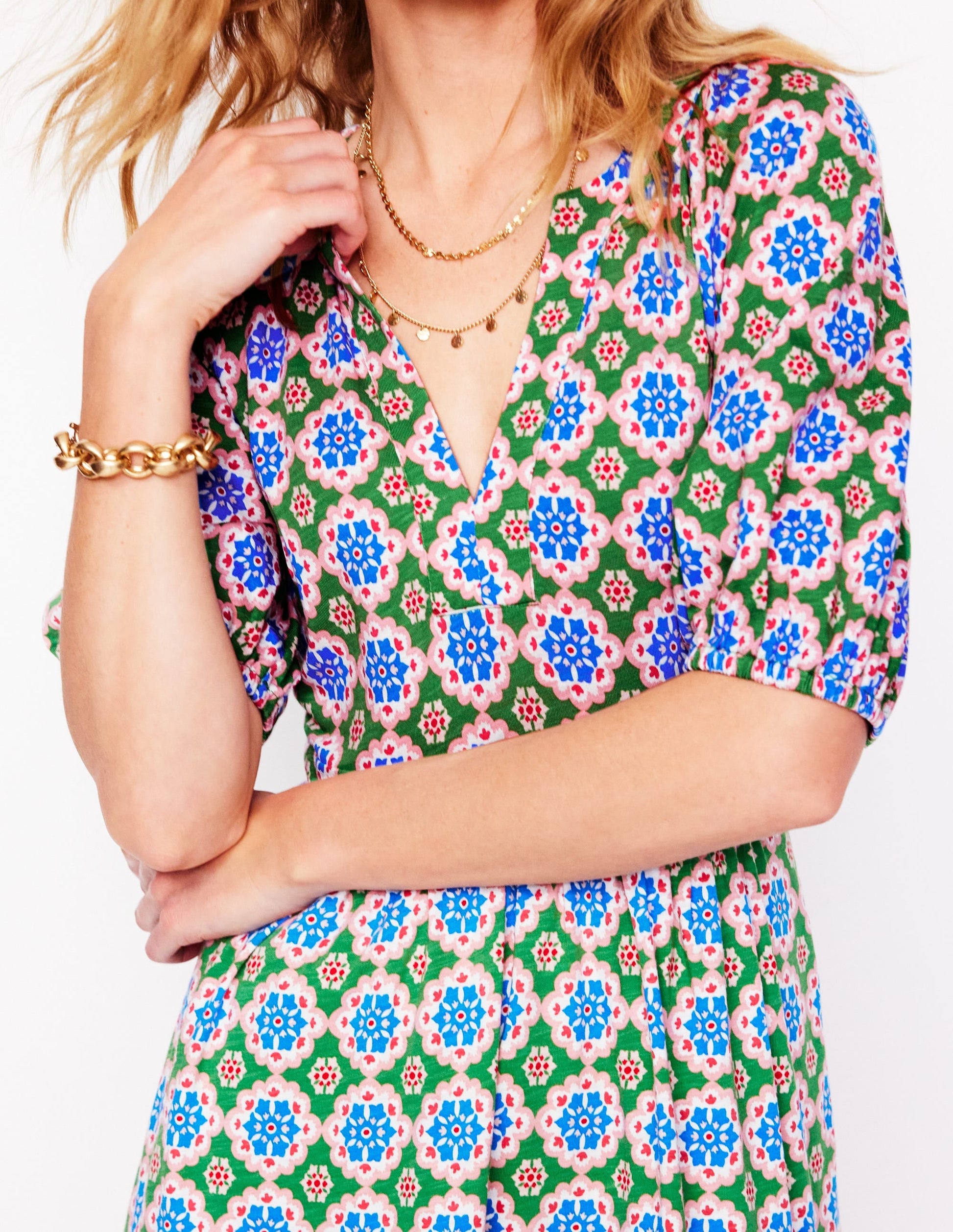 Piper Short Jersey Dress-Iguana Green, Bloom Geo-2