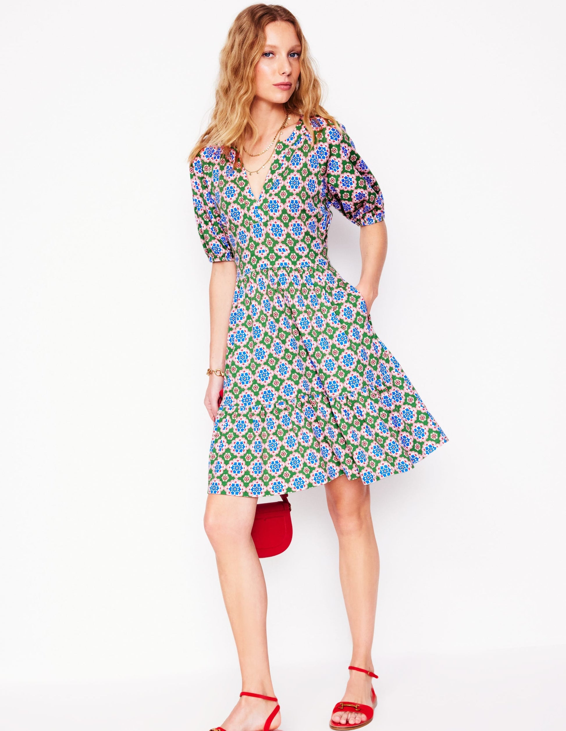 Piper Short Jersey Dress-Iguana Green, Bloom Geo-4