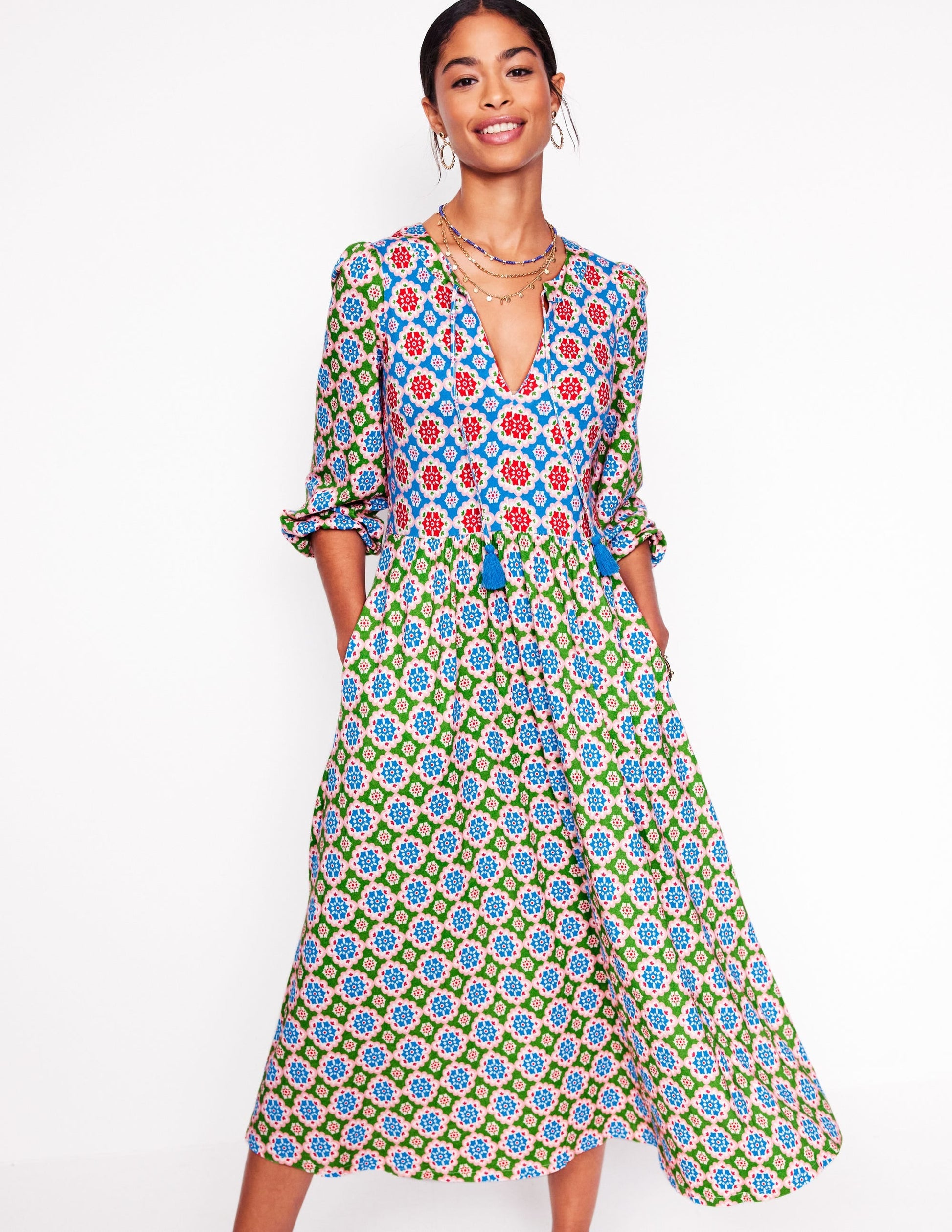 Notch Neck Midi Dress-Multi, Bloom Geo-1