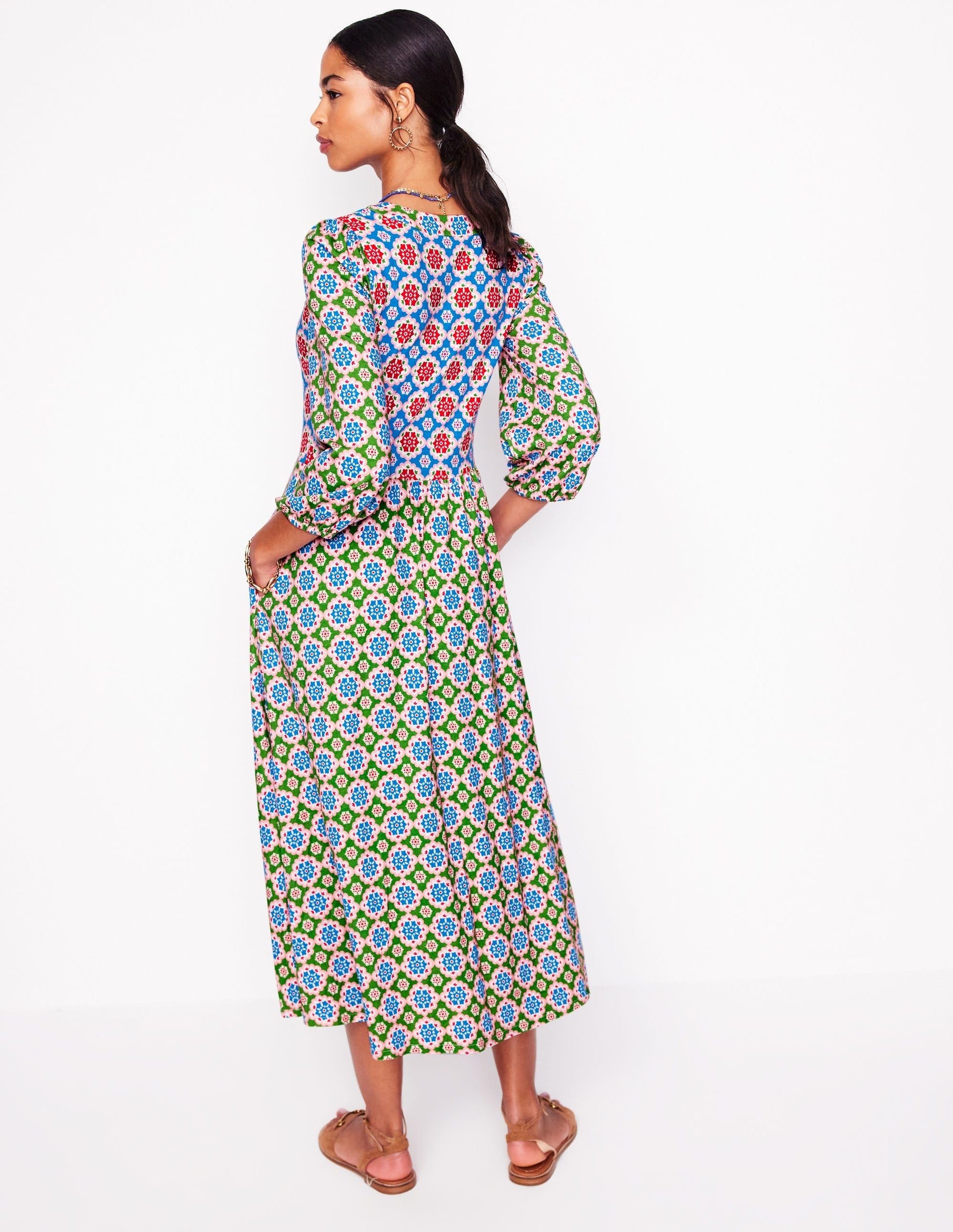 Notch Neck Midi Dress-Multi, Bloom Geo-3
