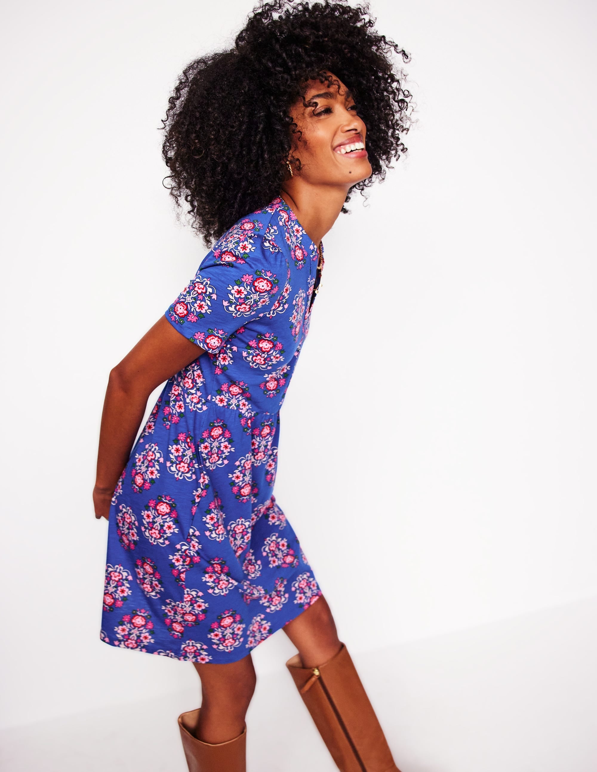 Naomi Short Sleeve Dress-Bright Blue, Wildflower Stamp - Image 2