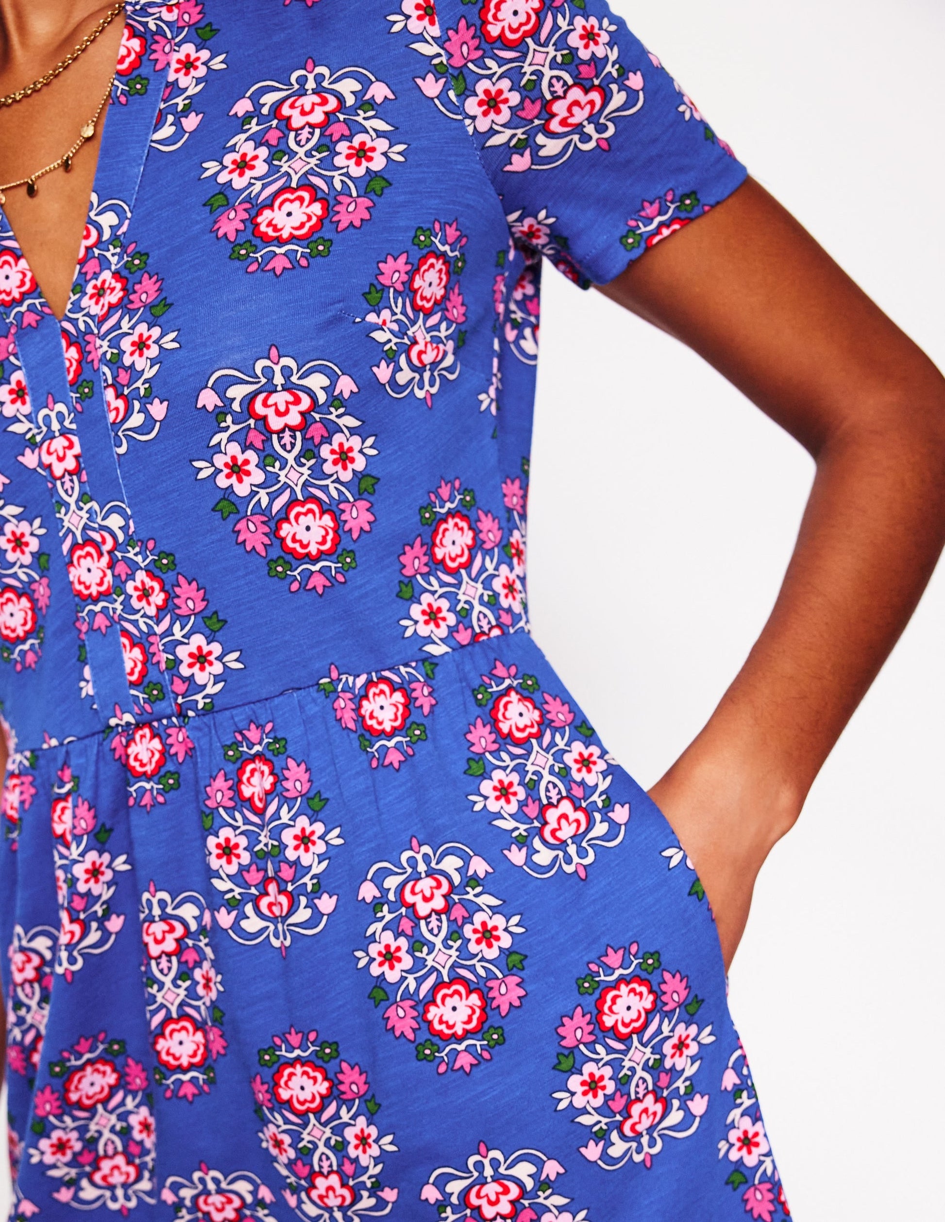 Naomi Short Sleeve Dress-Bright Blue, Wildflower Stamp-3